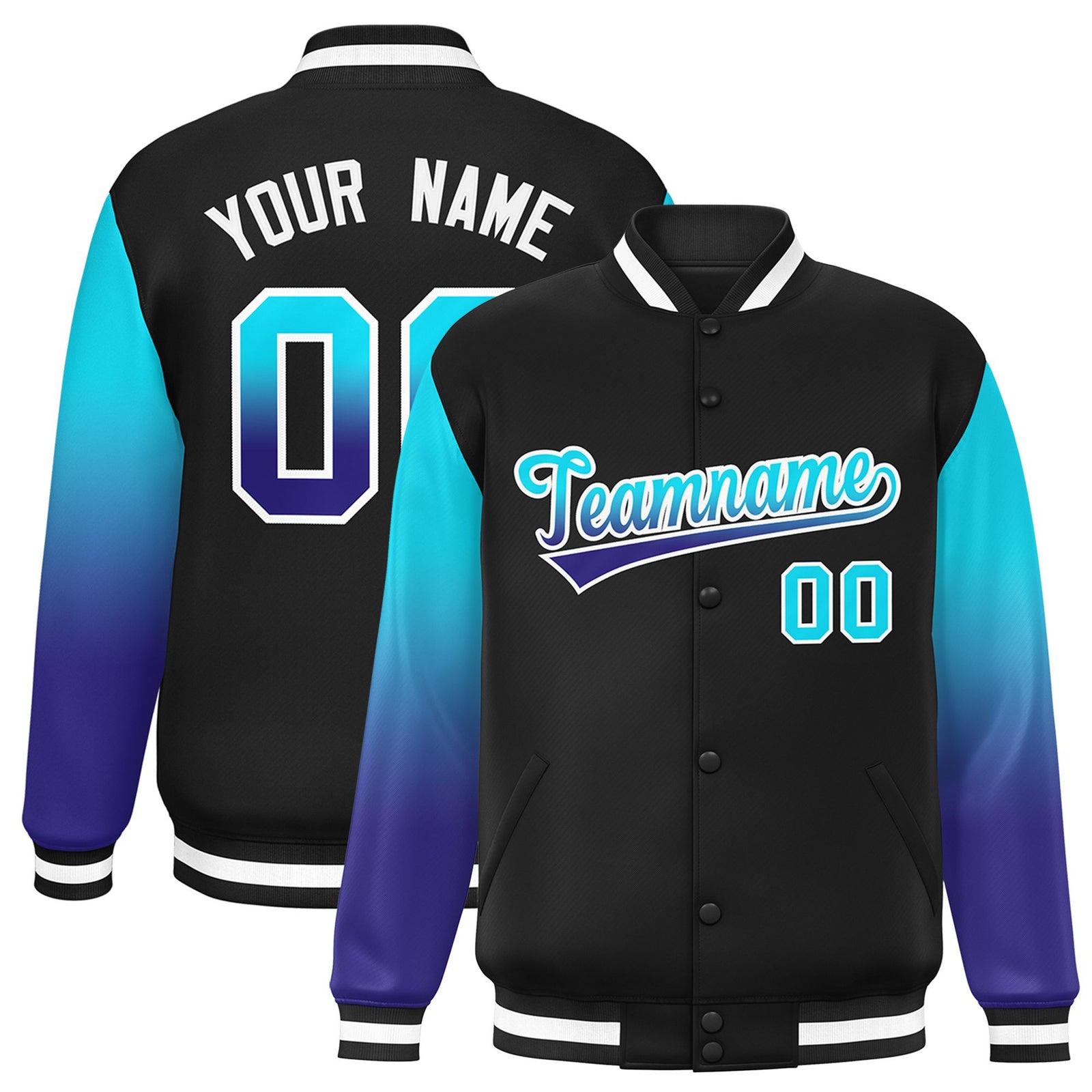 Custom Black Sky Blue-Purple Varsity Full-Snap Sleeve Gradient Fashion Letterman Baseball Jacket