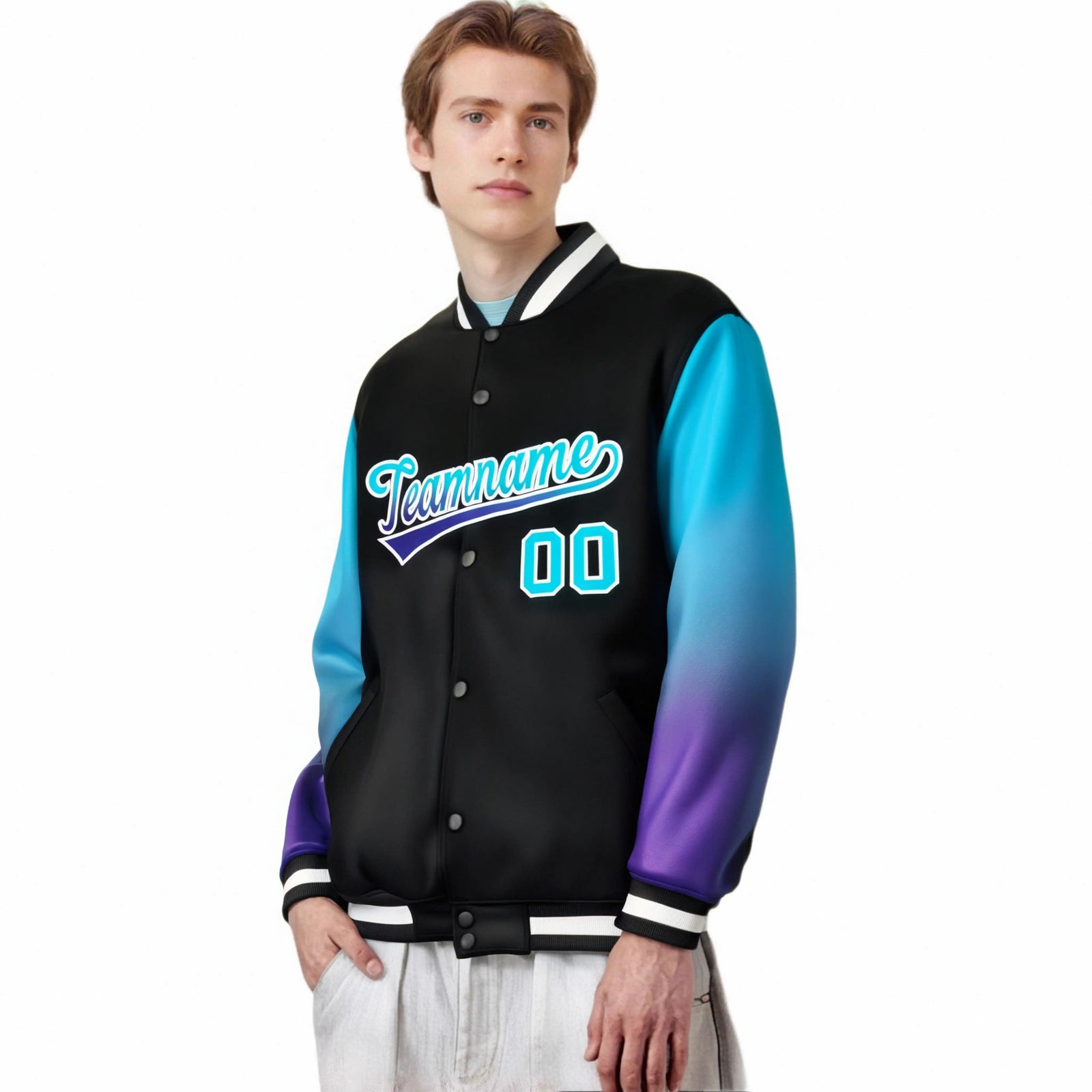 Custom Black Sky Blue-Purple Varsity Full-Snap Sleeve Gradient Fashion Letterman Baseball Jacket