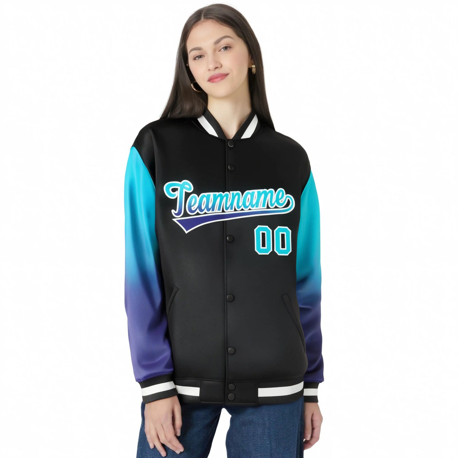 Custom Black Sky Blue-Purple Varsity Full-Snap Sleeve Gradient Fashion Letterman Baseball Jacket