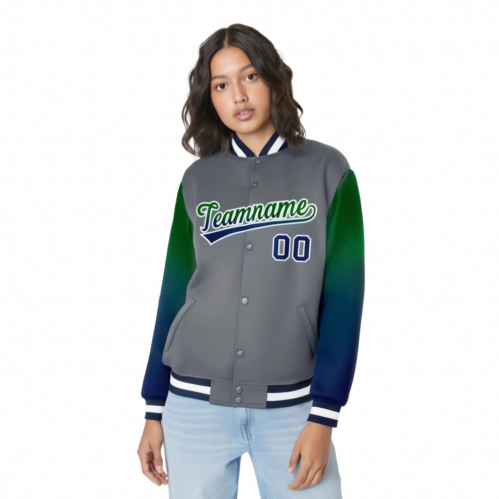 Custom Dark Gray Green-Royal Blue Varsity Full-Snap Sleeve Gradient Fashion Letterman Baseball Jacket