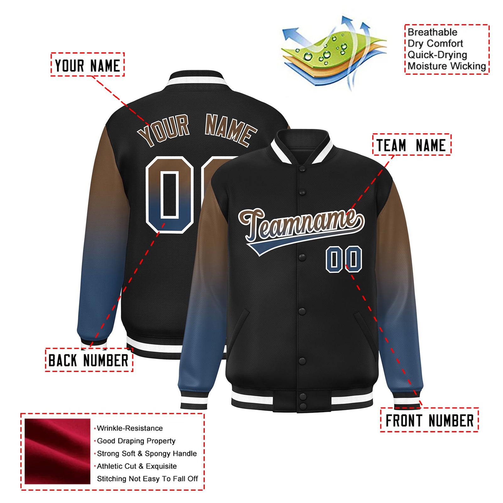 Custom Black Light Brown-Midnight Blue Varsity Full-Snap Sleeve Gradient Fashion Letterman Baseball Jacket