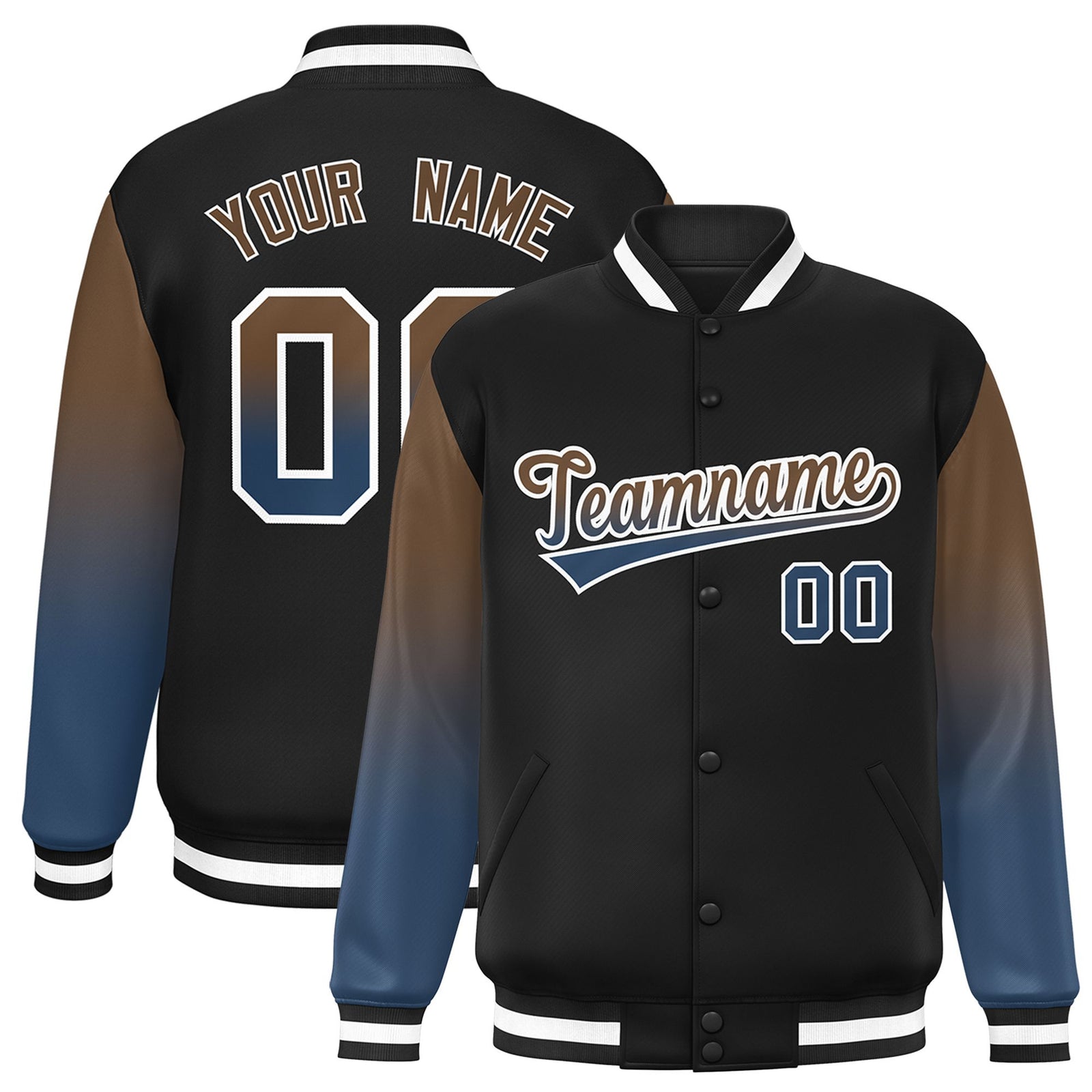 Custom Black Light Brown-Midnight Blue Varsity Full-Snap Sleeve Gradient Fashion Letterman Baseball Jacket