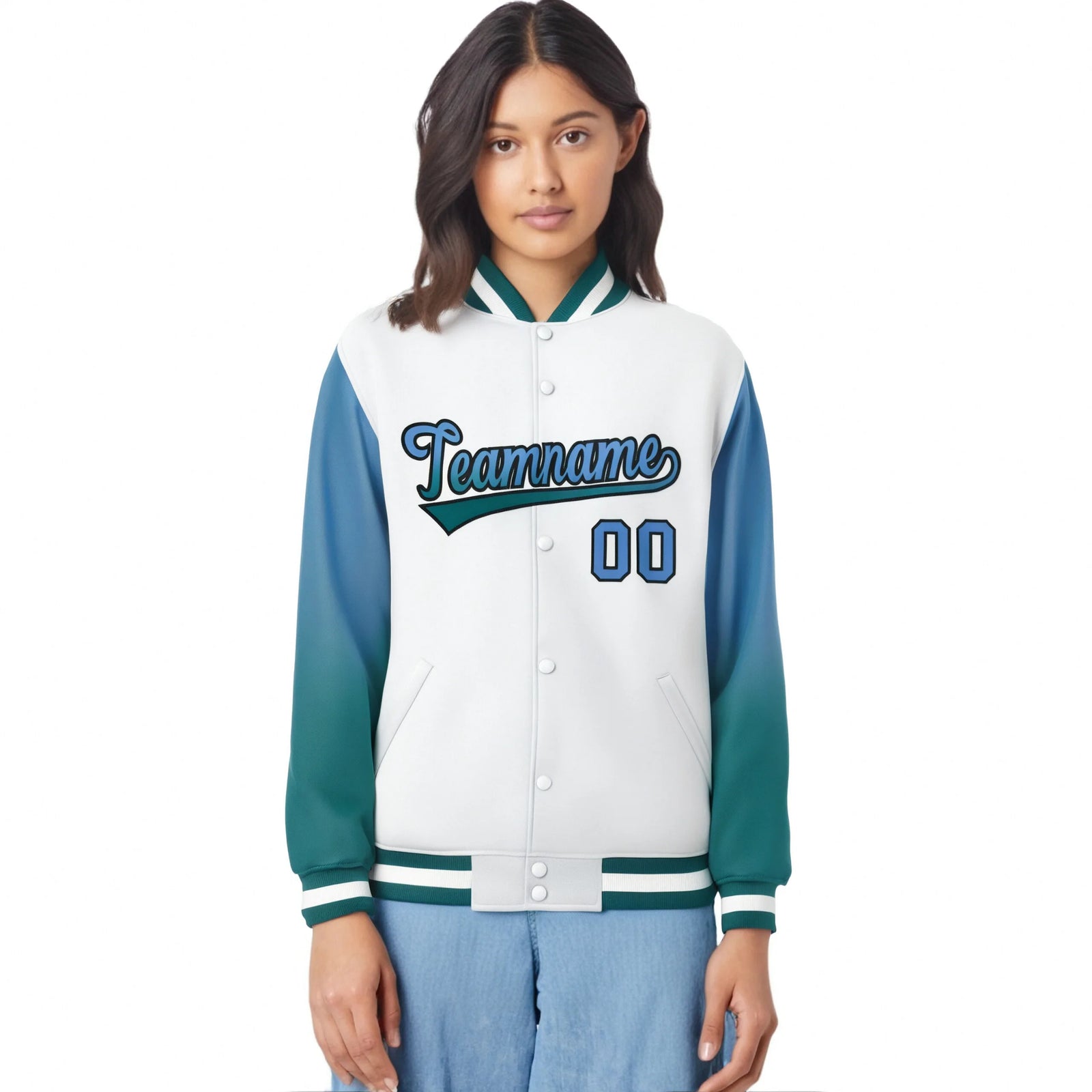 Custom White Light Blue-Aqua Varsity Full-Snap Sleeve Gradient Fashion Letterman Baseball Jacket