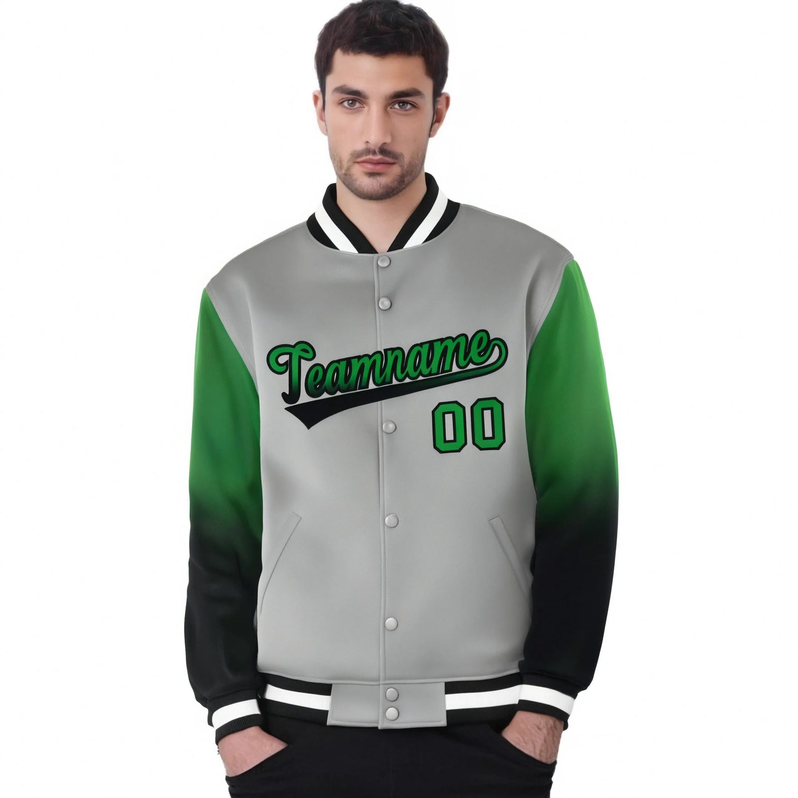 Custom Gray Kelly Green-Dark Gray Varsity Full-Snap Sleeve Gradient Fashion Letterman Baseball Jacket