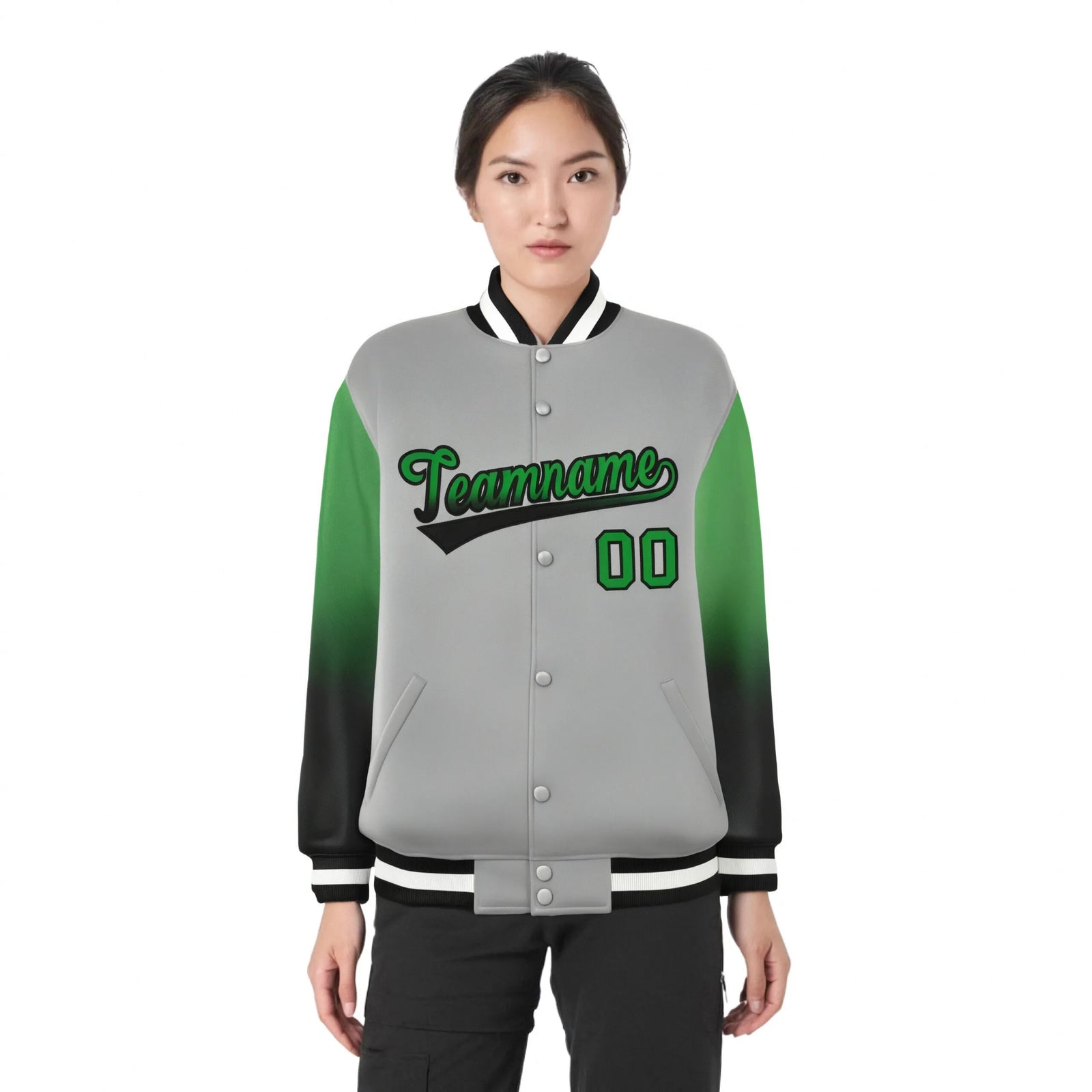Custom Gray Kelly Green-Dark Gray Varsity Full-Snap Sleeve Gradient Fashion Letterman Baseball Jacket