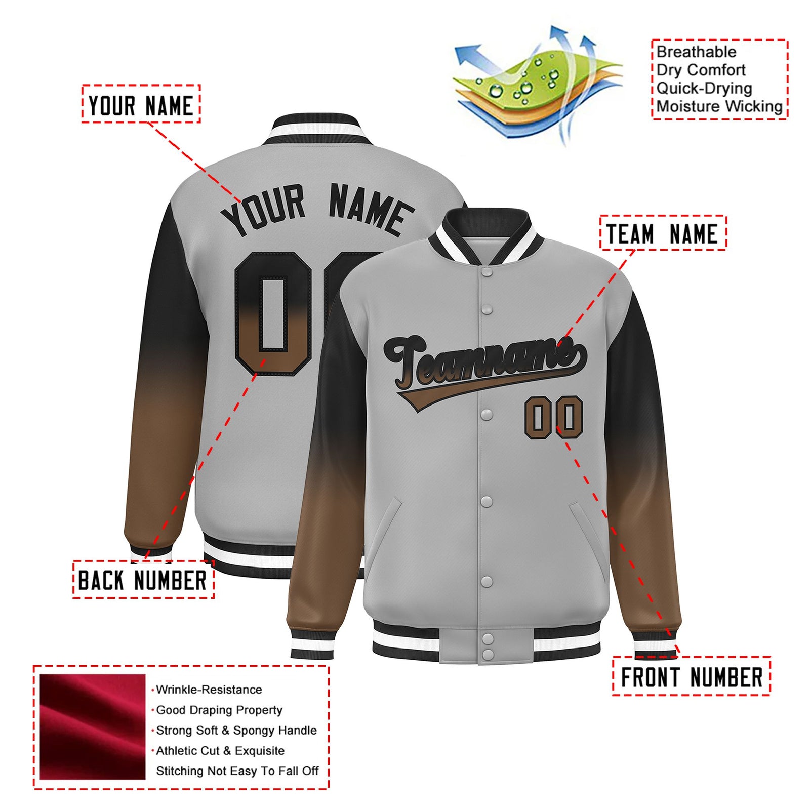 Custom Gray Brown-Light Brown Varsity Full-Snap Sleeve Gradient Fashion Letterman Baseball Jacket