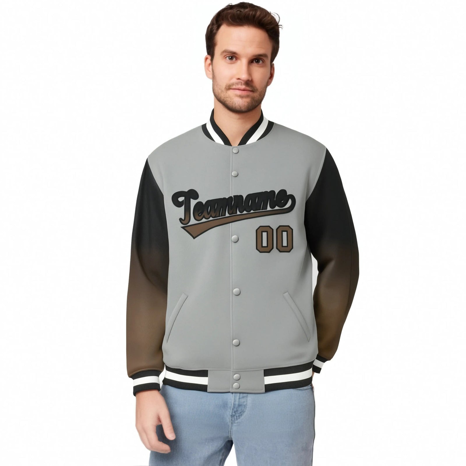 Custom Gray Brown-Light Brown Varsity Full-Snap Sleeve Gradient Fashion Letterman Baseball Jacket