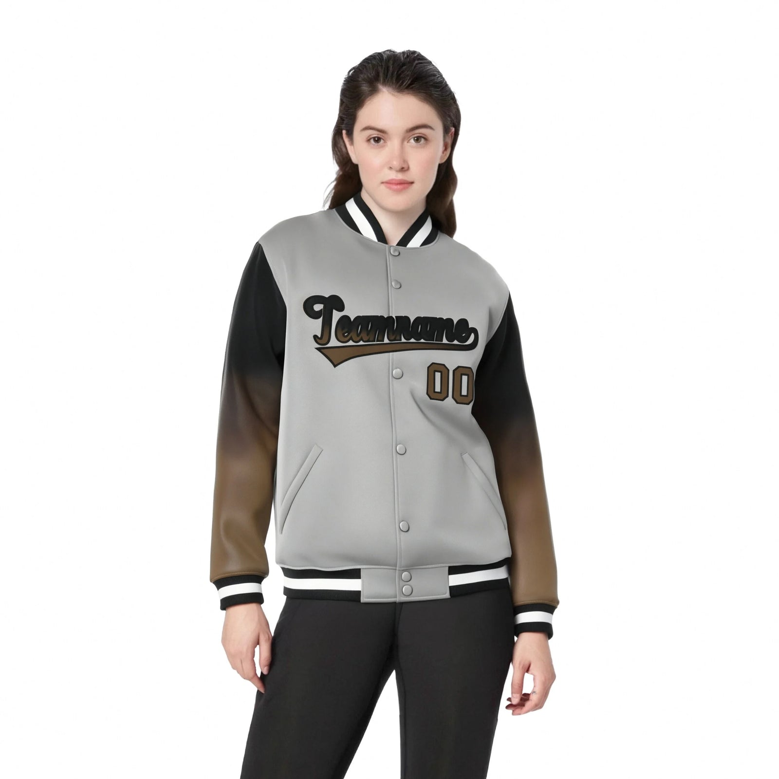 Custom Gray Brown-Light Brown Varsity Full-Snap Sleeve Gradient Fashion Letterman Baseball Jacket