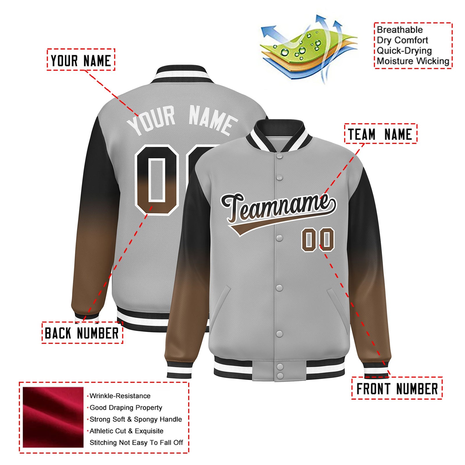 Custom Gray Brown-Light Brown Varsity Full-Snap Sleeve Gradient Fashion Letterman Baseball Jacket
