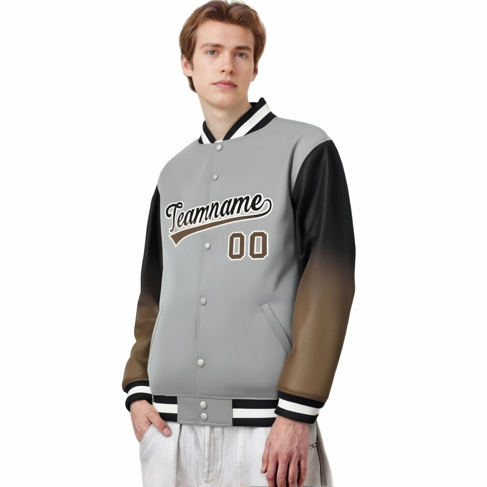 Custom Gray Brown-Light Brown Varsity Full-Snap Sleeve Gradient Fashion Letterman Baseball Jacket