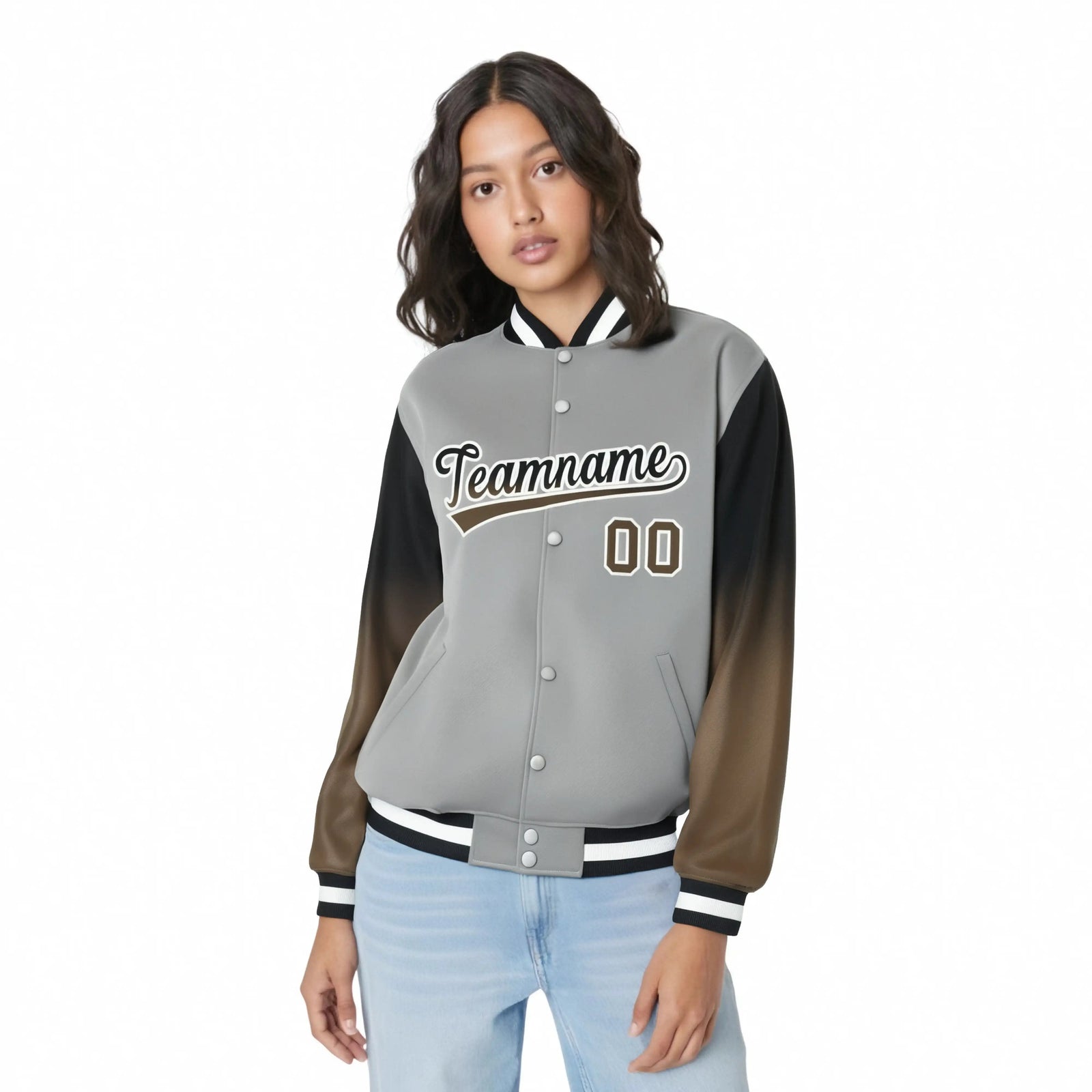Custom Gray Brown-Light Brown Varsity Full-Snap Sleeve Gradient Fashion Letterman Baseball Jacket