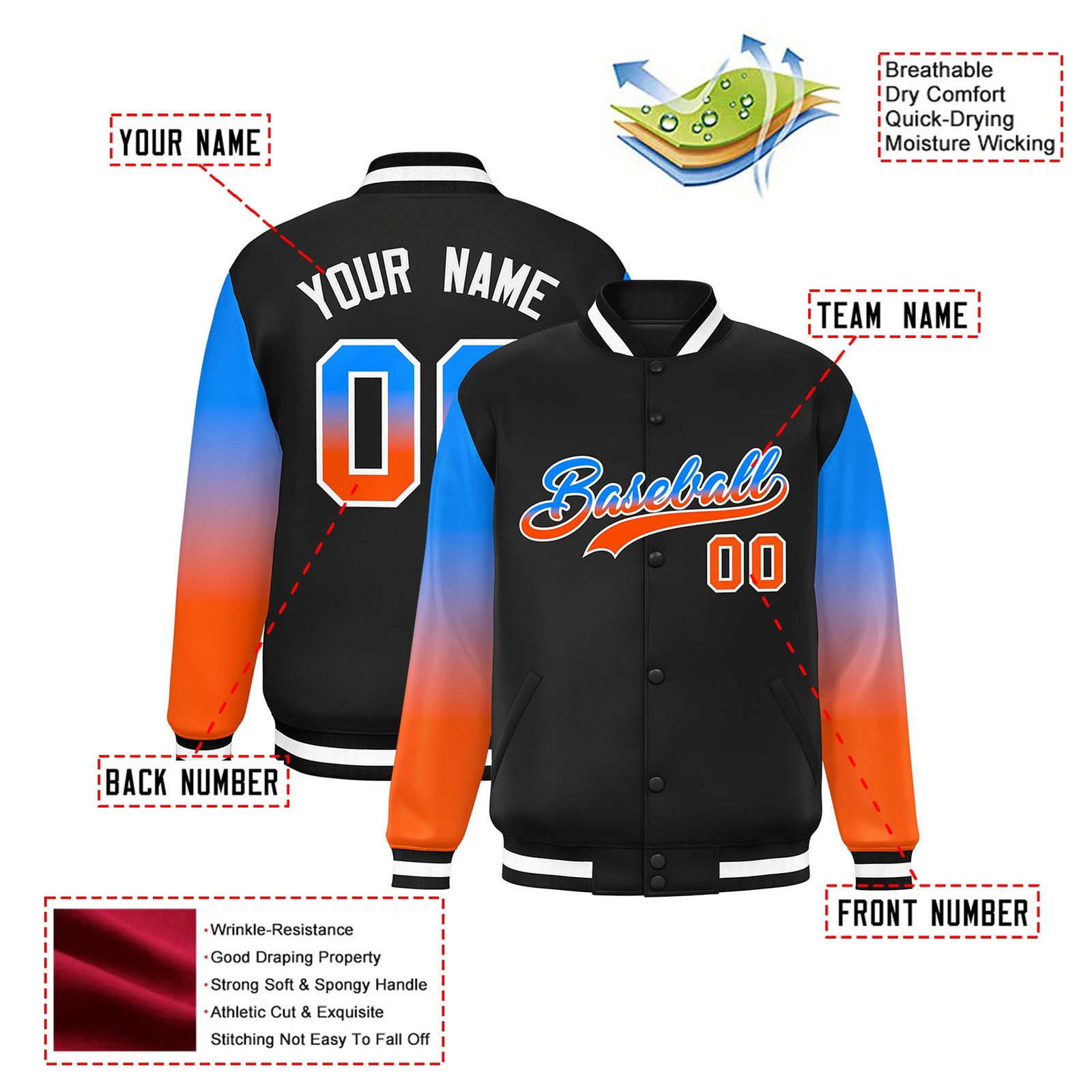 Custom Black Powder Blue-Orange Varsity Full-Snap Sleeve Gradient Fashion Letterman Baseball Jacket