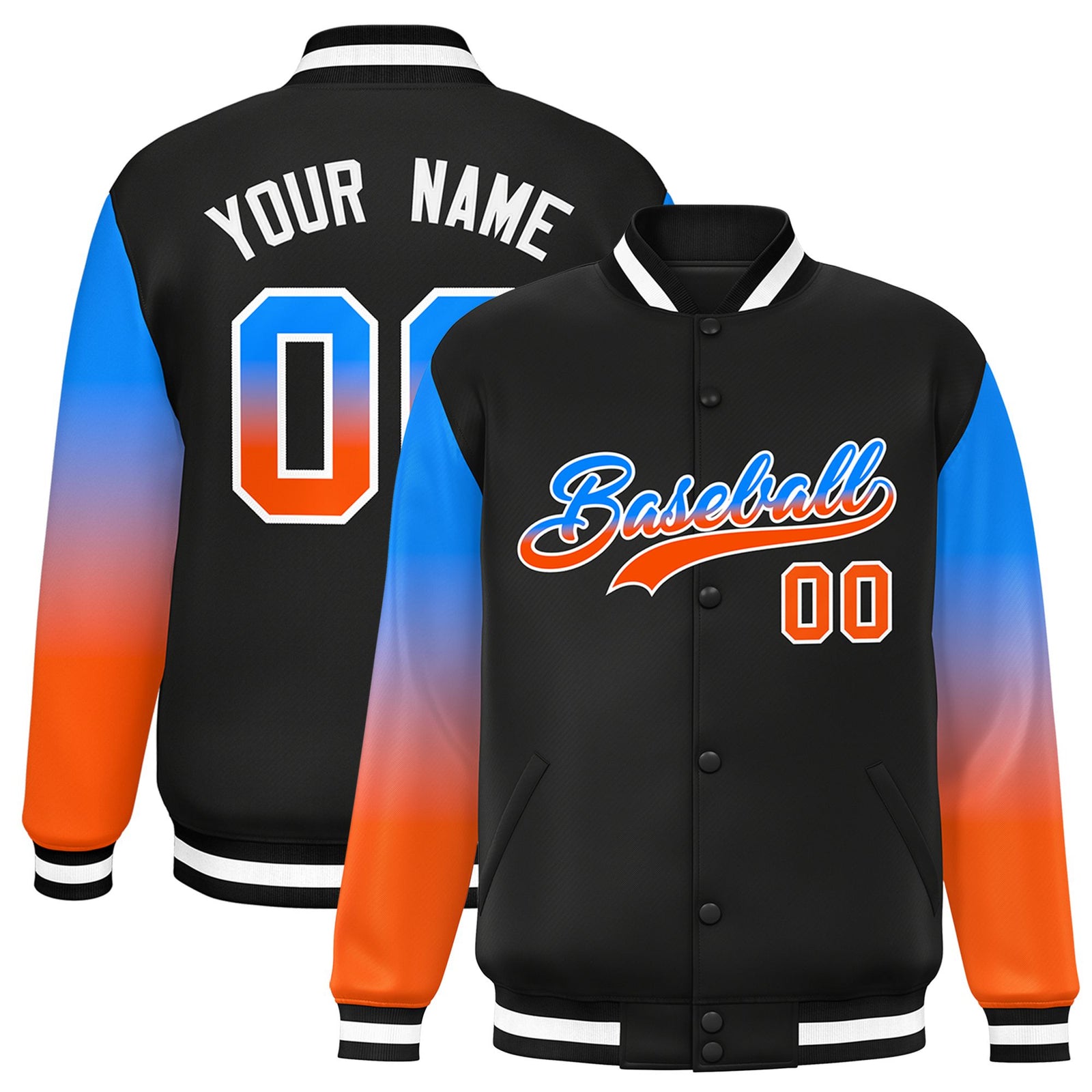 Custom Black Powder Blue-Orange Varsity Full-Snap Sleeve Gradient Fashion Letterman Baseball Jacket