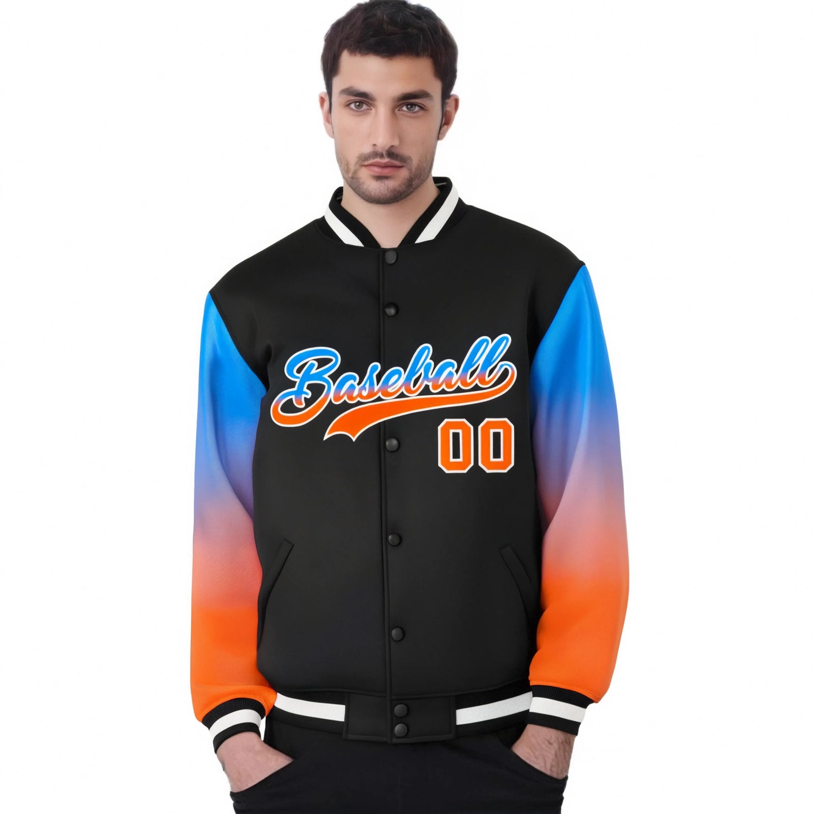 Custom Black Powder Blue-Orange Varsity Full-Snap Sleeve Gradient Fashion Letterman Baseball Jacket
