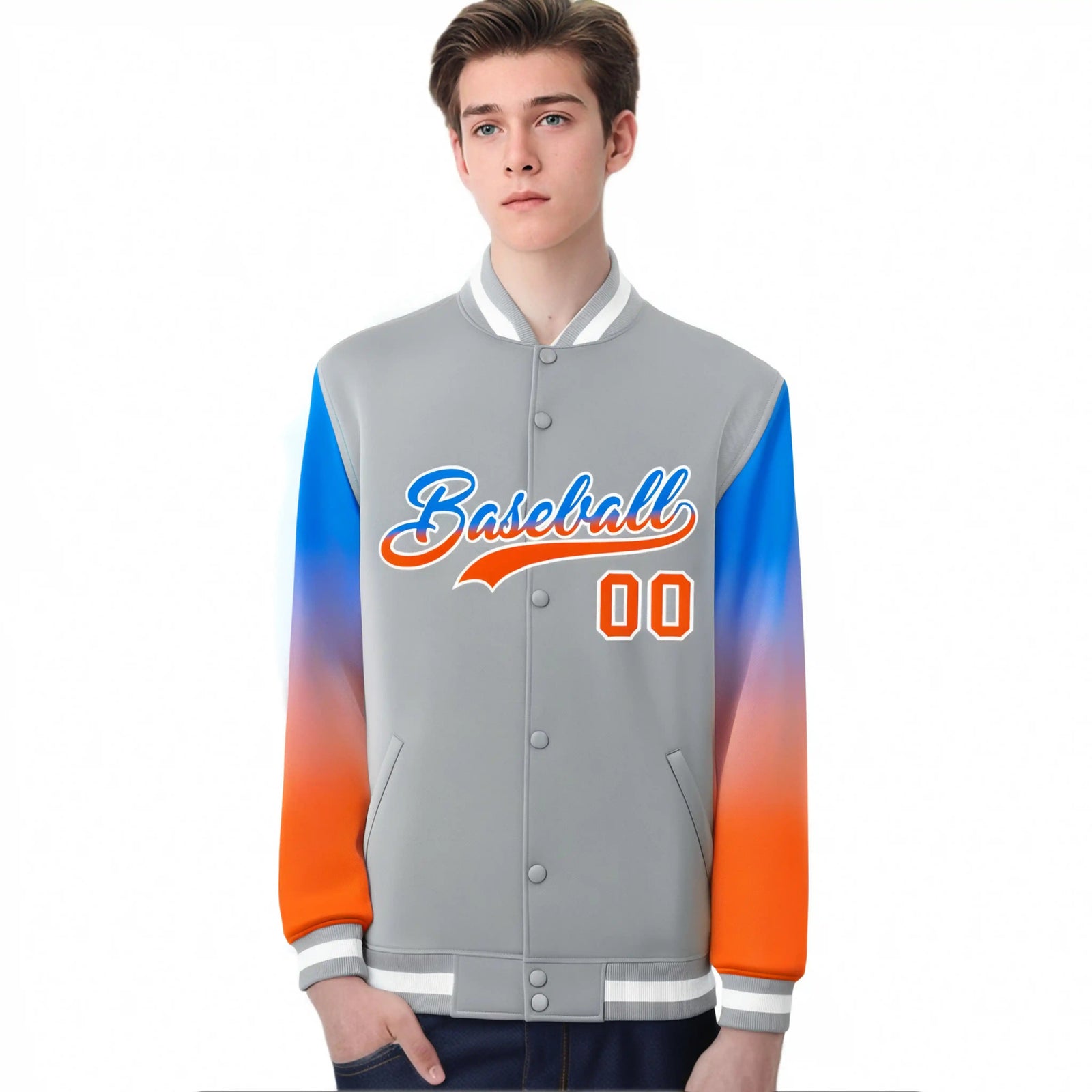 Custom Gray Powder Blue-Orange Varsity Full-Snap Sleeve Gradient Fashion Letterman Baseball Jacket