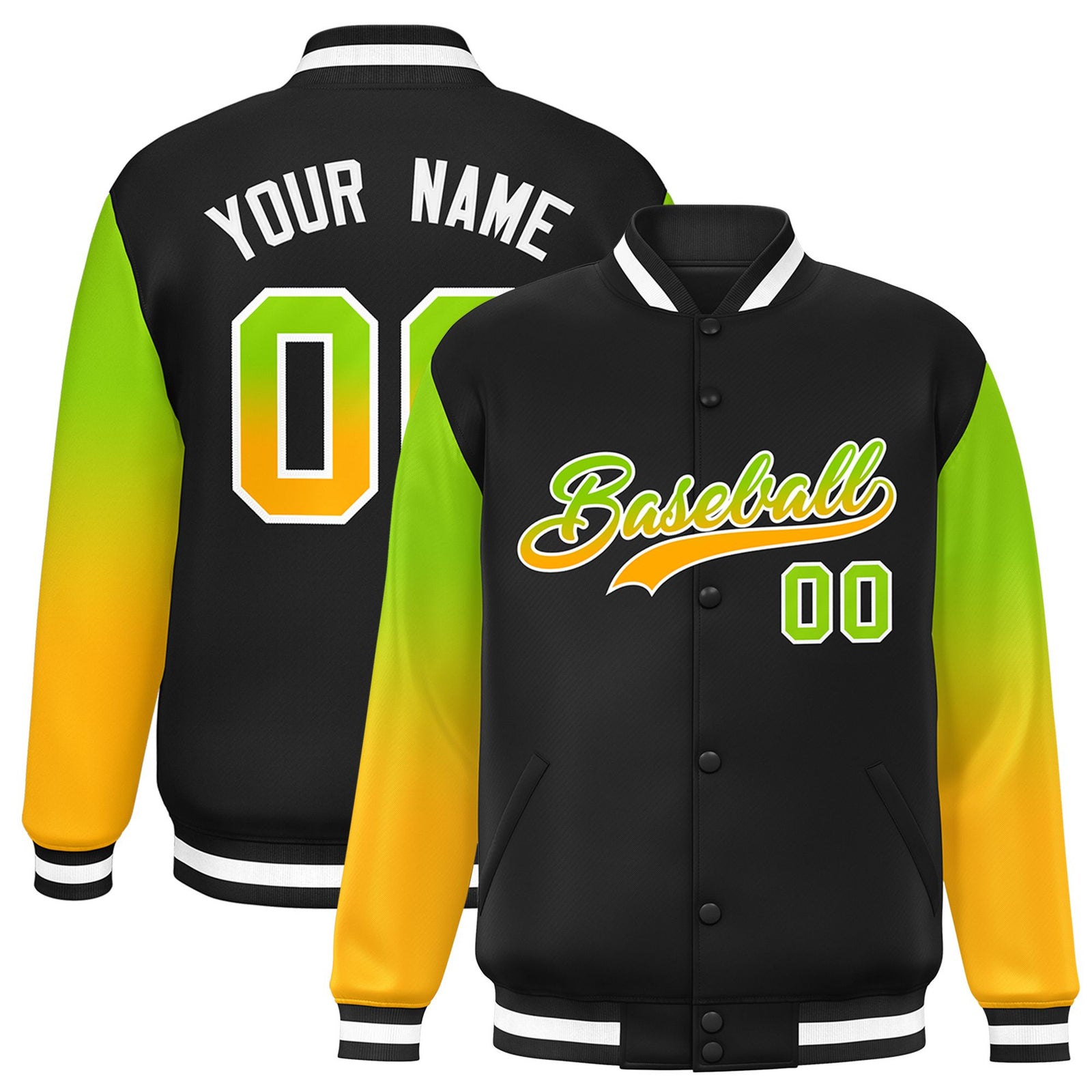 Custom Black Neon Green-Yellow Varsity Full-Snap Sleeve Gradient Fashion Letterman Baseball Jacket