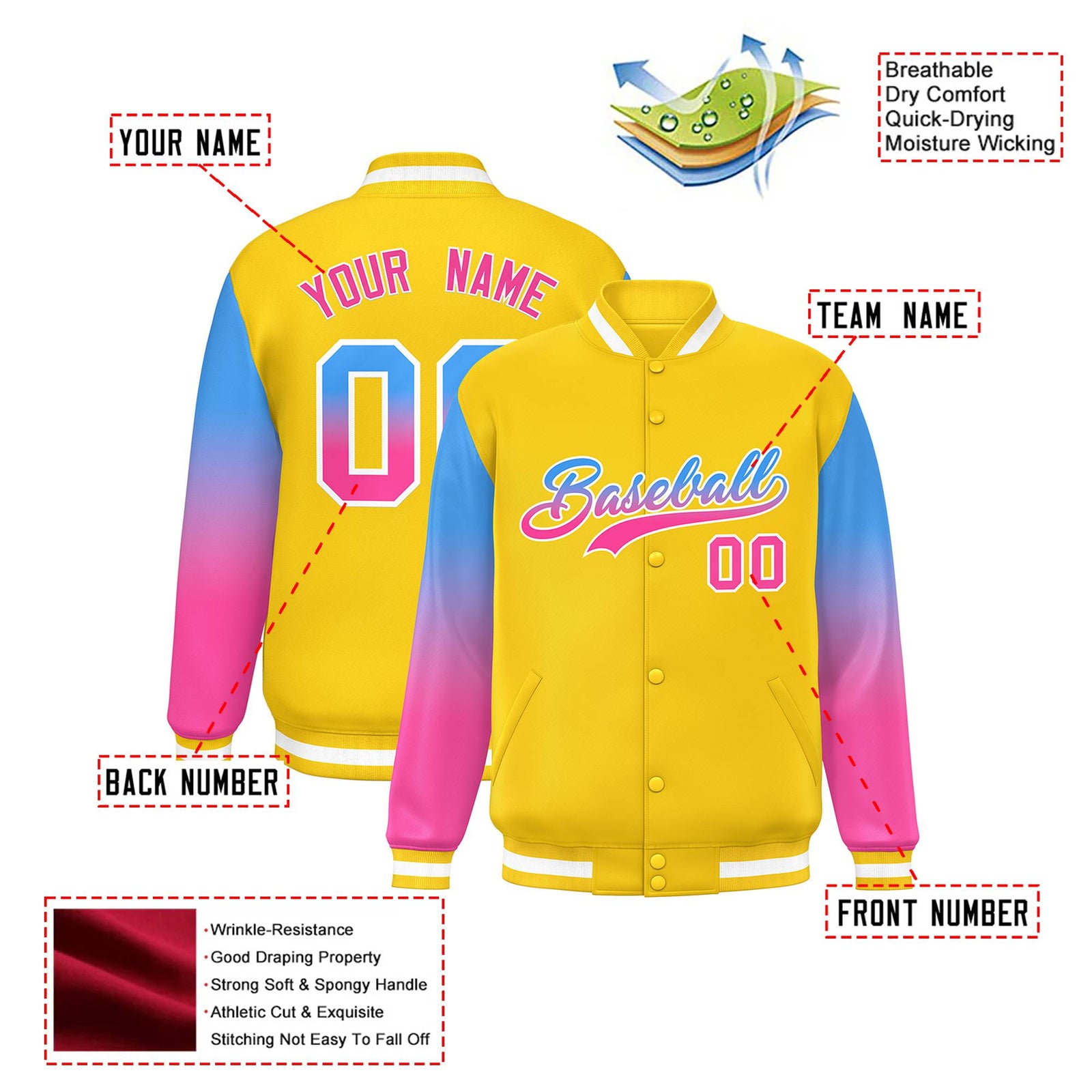 Custom Gold Powder Blue-Pink Varsity Full-Snap Sleeve Gradient Fashion Letterman Baseball Jacket