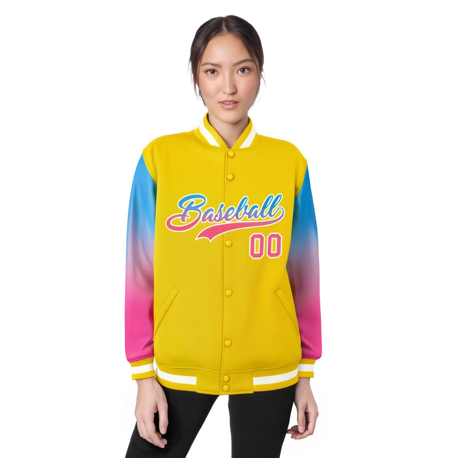 Custom Gold Powder Blue-Pink Varsity Full-Snap Sleeve Gradient Fashion Letterman Baseball Jacket