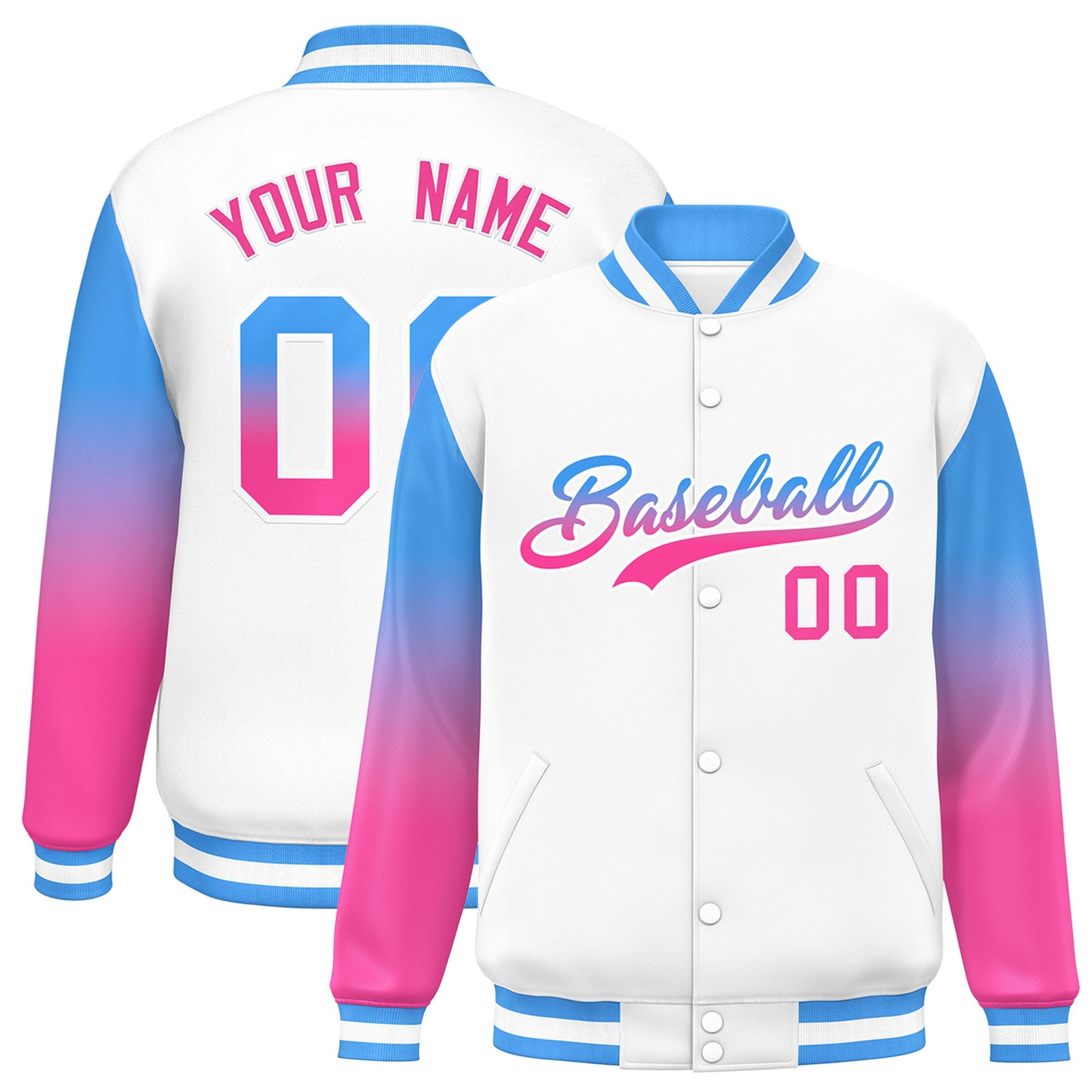 Custom White Powder Blue-Pink Varsity Full-Snap Sleeve Gradient Fashion Letterman Baseball Jacket