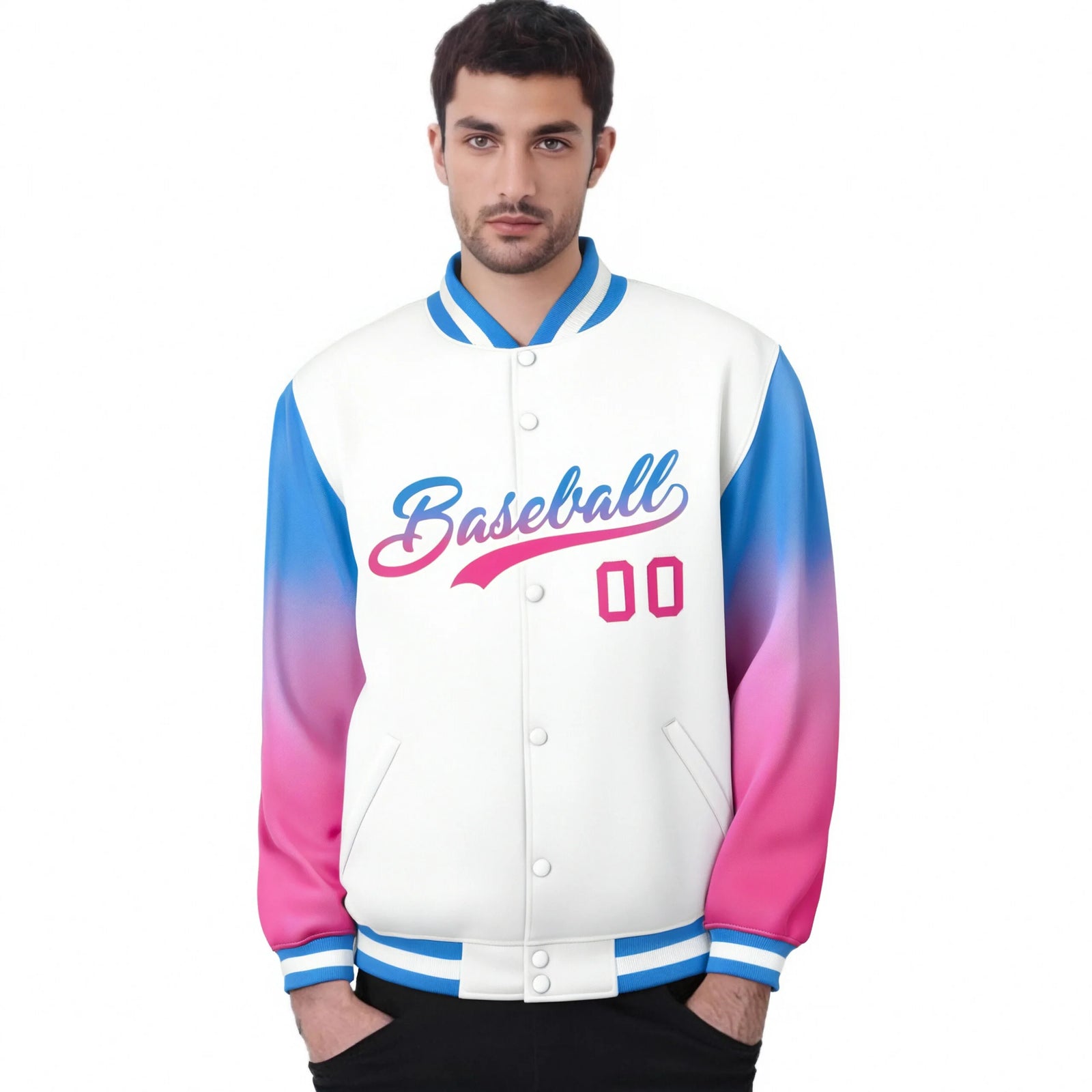 Custom White Powder Blue-Pink Varsity Full-Snap Sleeve Gradient Fashion Letterman Baseball Jacket