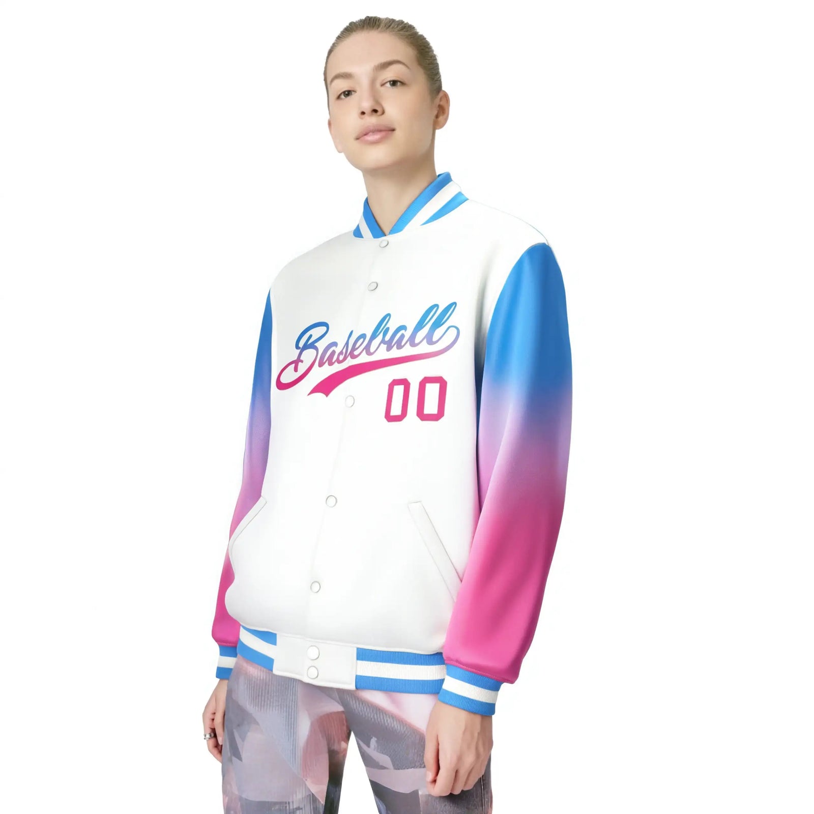 Custom White Powder Blue-Pink Varsity Full-Snap Sleeve Gradient Fashion Letterman Baseball Jacket