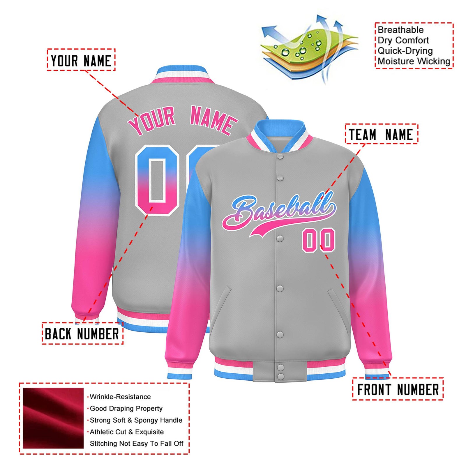Custom Gray Powder Blue-Pink Varsity Full-Snap Sleeve Gradient Fashion Letterman Baseball Jacket