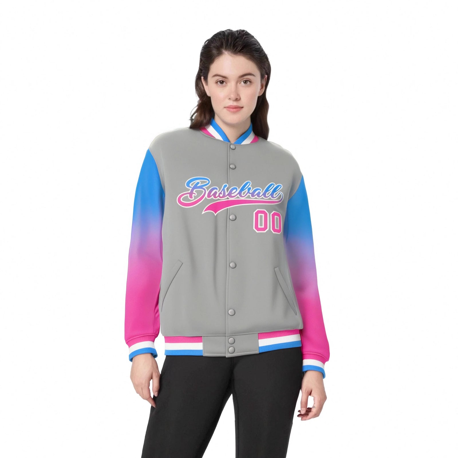 Custom Gray Powder Blue-Pink Varsity Full-Snap Sleeve Gradient Fashion Letterman Baseball Jacket