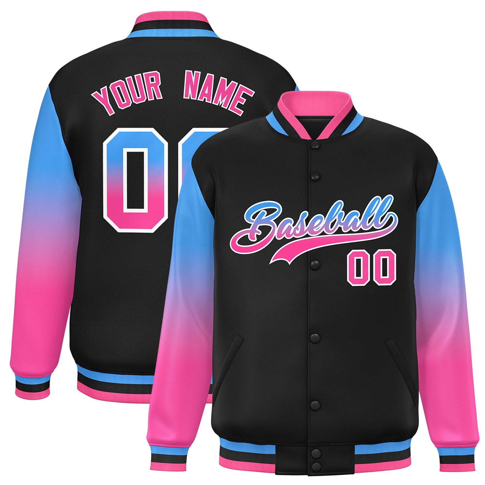 Custom Black Powder Blue-Pink Varsity Full-Snap Sleeve Gradient Fashion Letterman Baseball Jacket