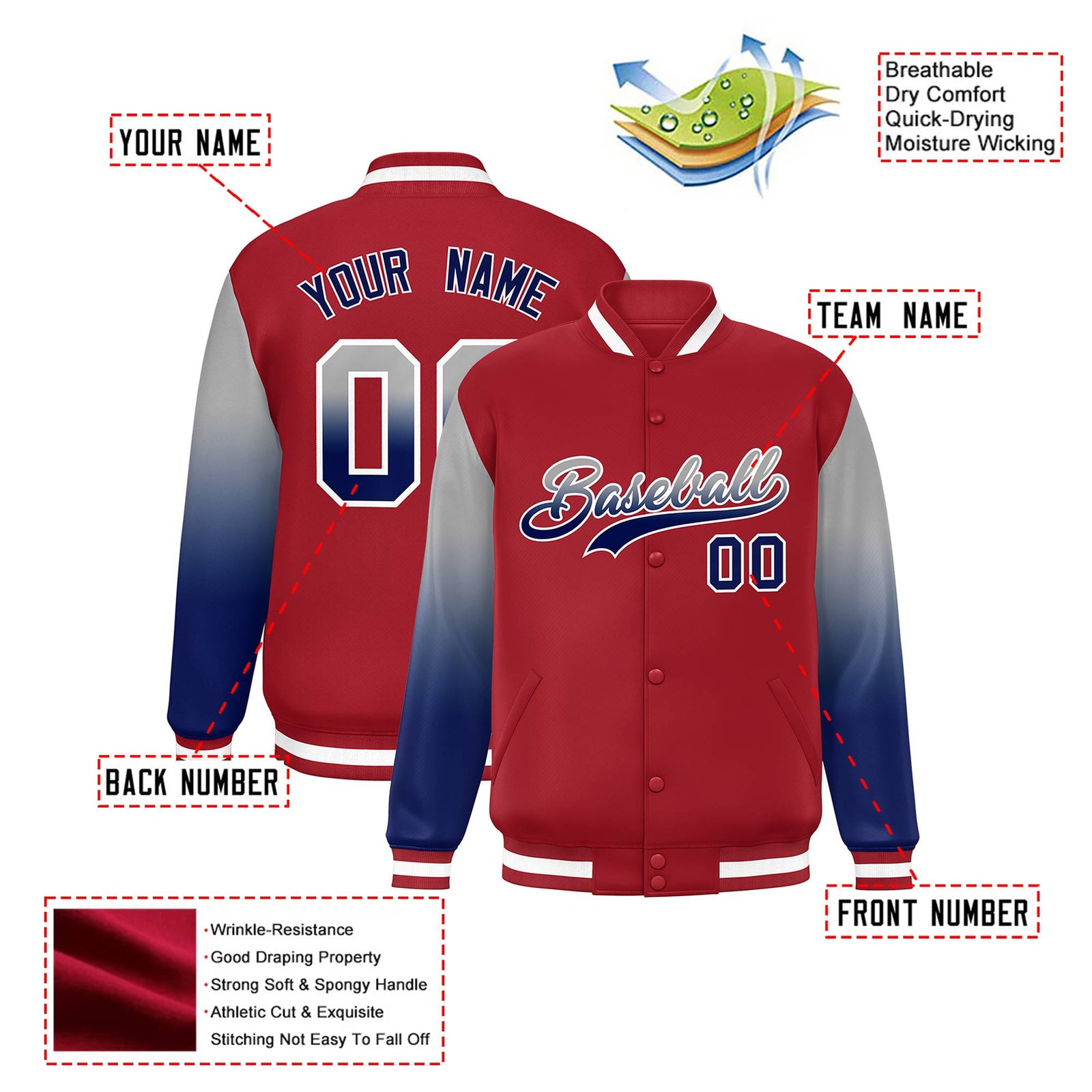 Custom Red Gray-Royal Blue Varsity Full-Snap Sleeve Gradient Fashion Letterman Baseball Jacket