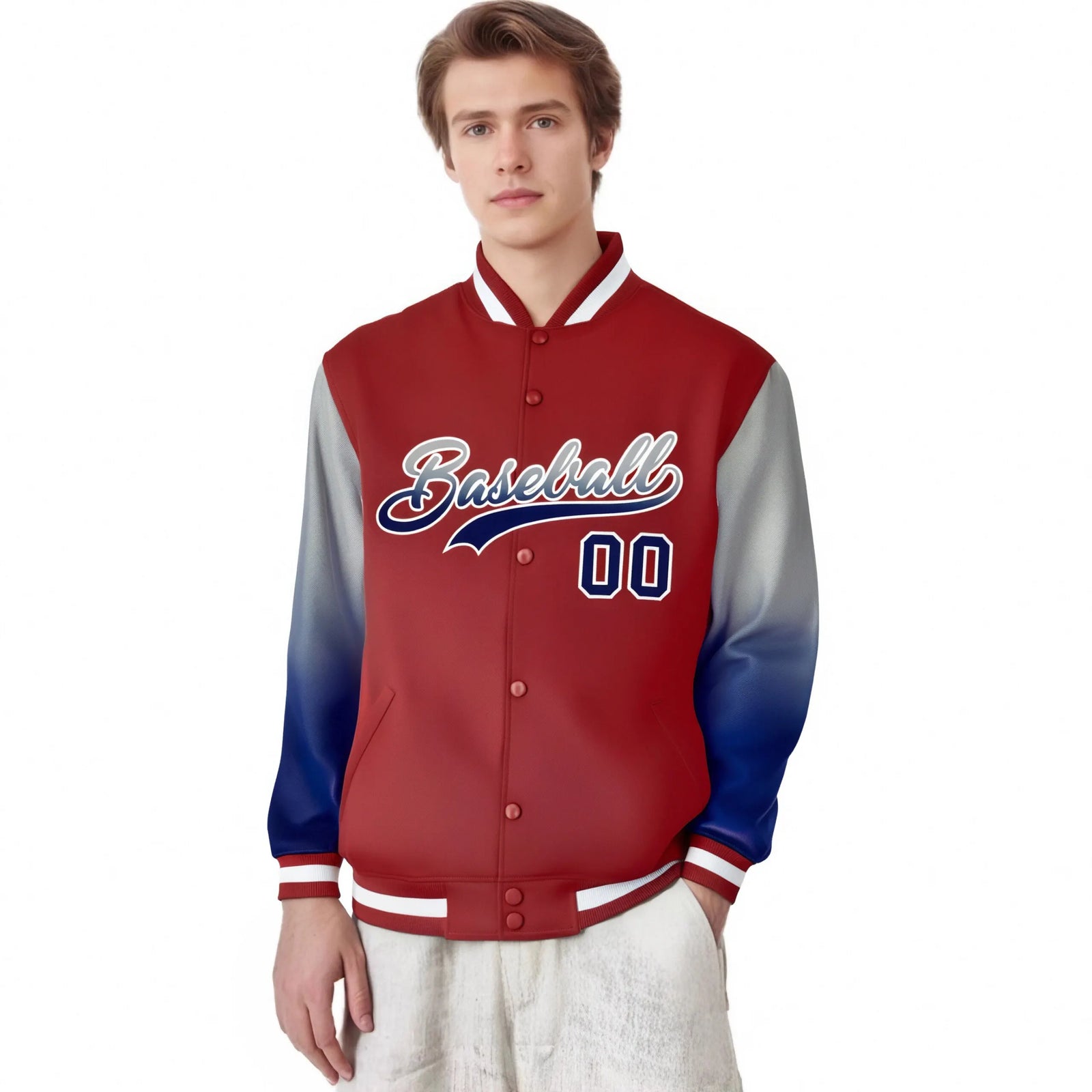 Custom Red Gray-Royal Blue Varsity Full-Snap Sleeve Gradient Fashion Letterman Baseball Jacket