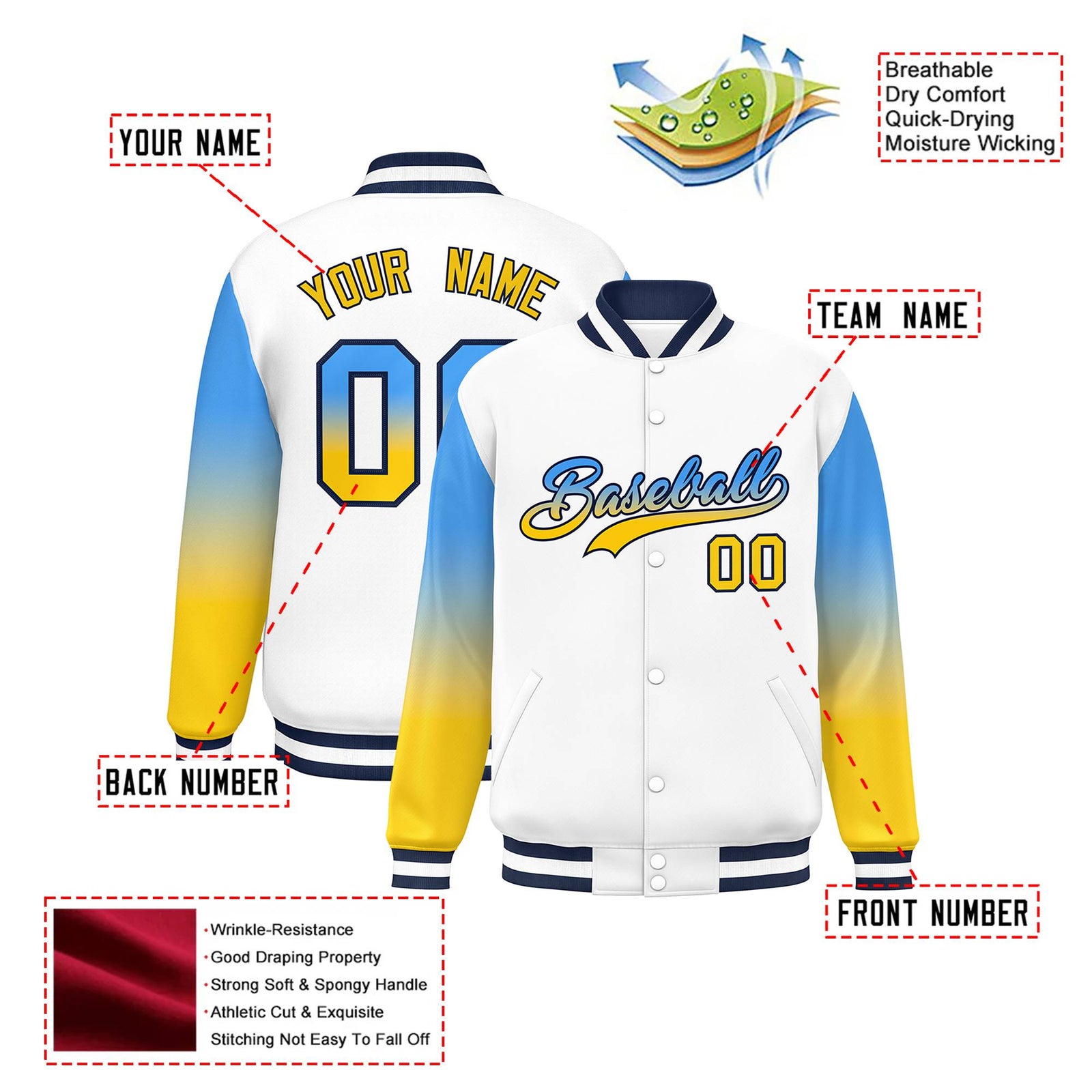 Custom White Powder Blue-Gold Varsity Full-Snap Sleeve Gradient Fashion Letterman Baseball Jacket