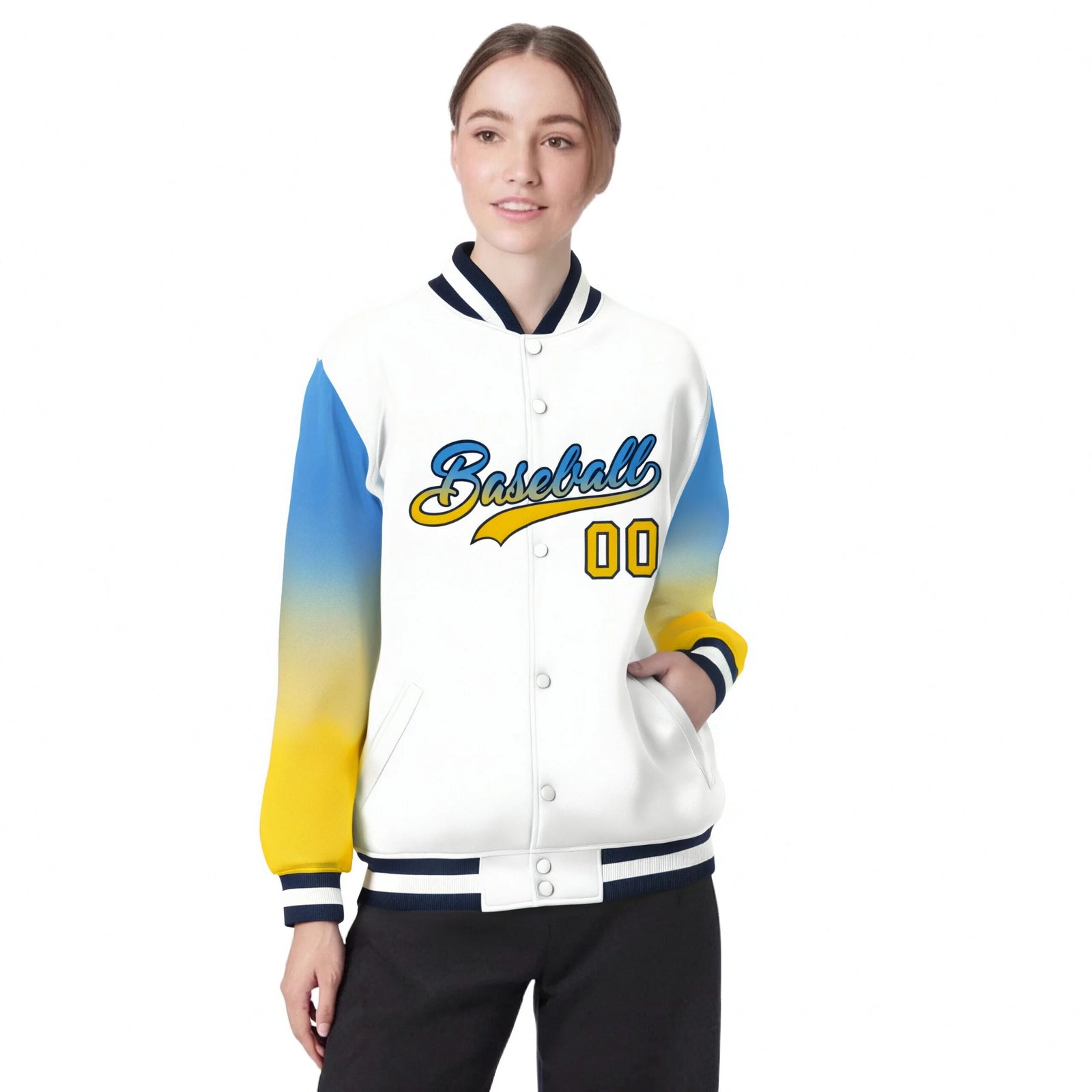 Custom White Powder Blue-Gold Varsity Full-Snap Sleeve Gradient Fashion Letterman Baseball Jacket