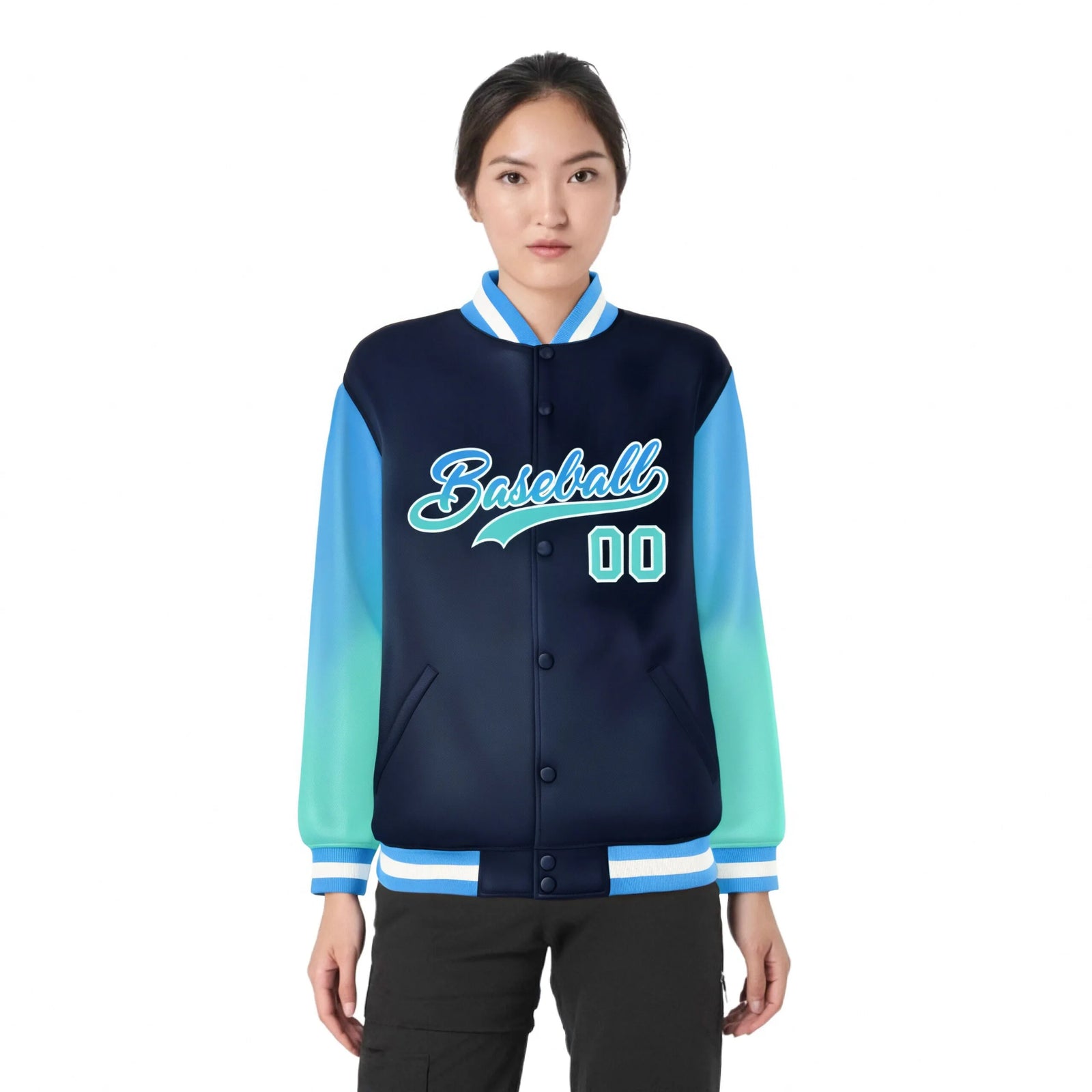 Custom Navy Powder Blue-Aqua Varsity Full-Snap Sleeve Gradient Fashion Letterman Baseball Jacket