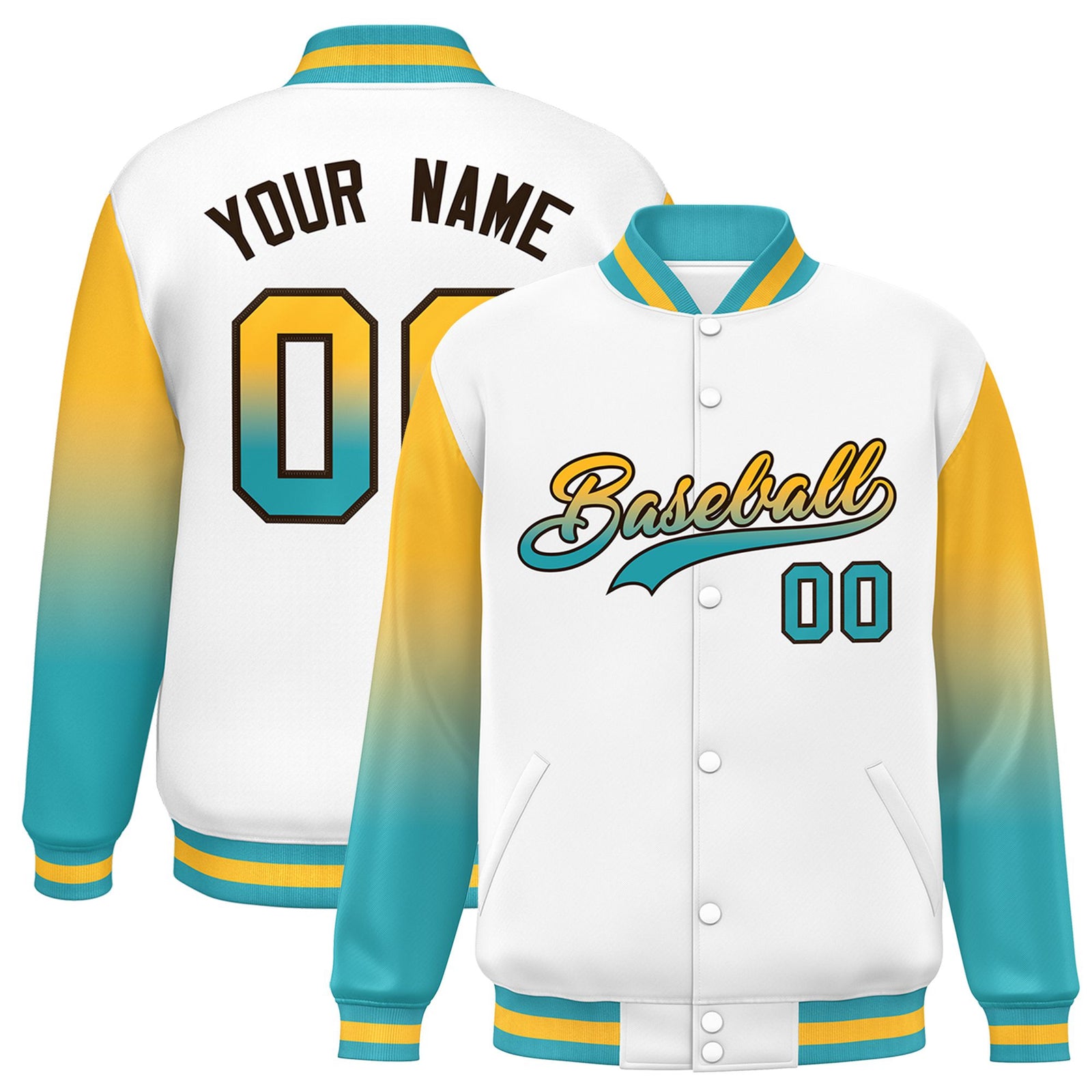 Custom White Yellow-Aqua Varsity Full-Snap Sleeve Gradient Fashion Letterman Baseball Jacket