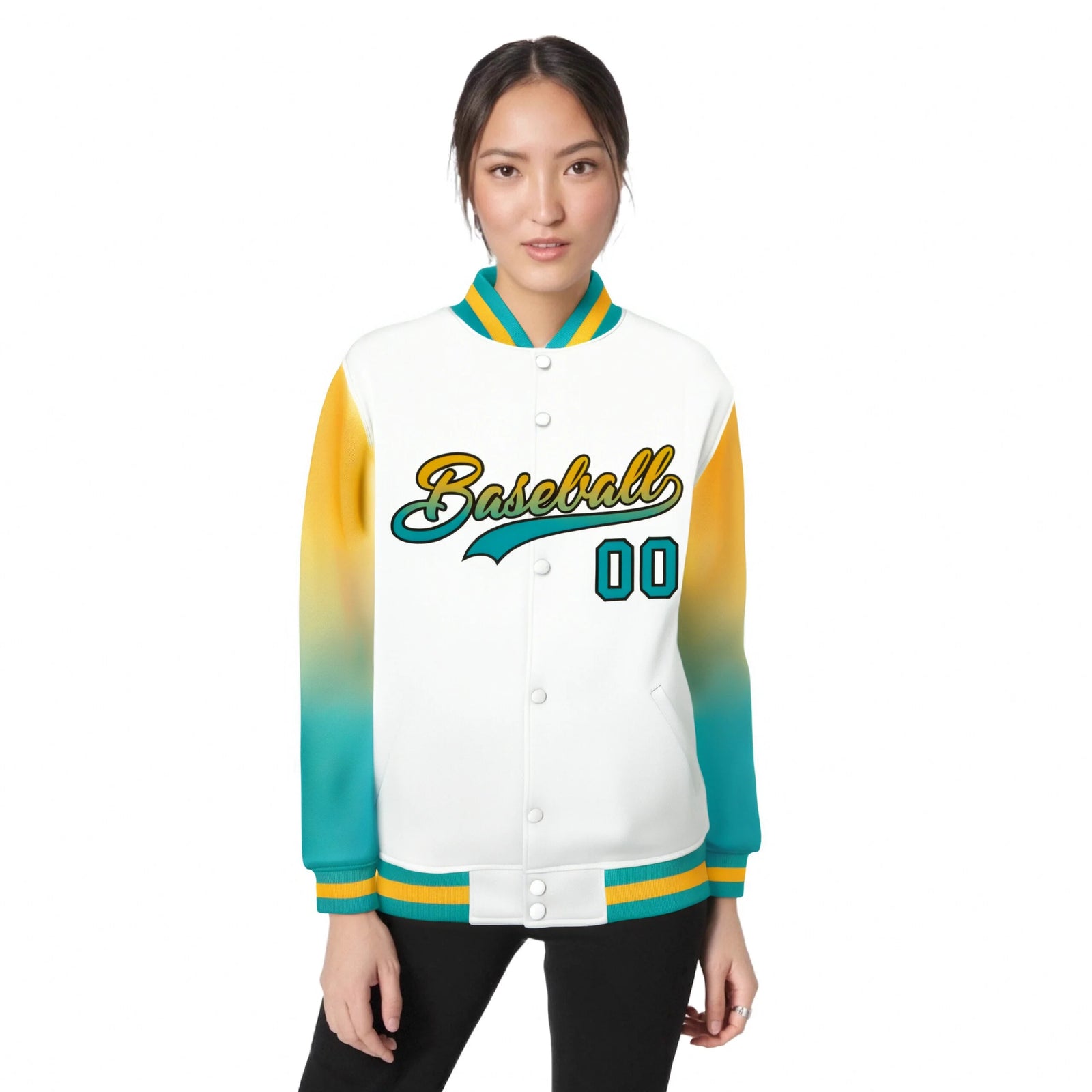 Custom White Yellow-Aqua Varsity Full-Snap Sleeve Gradient Fashion Letterman Baseball Jacket
