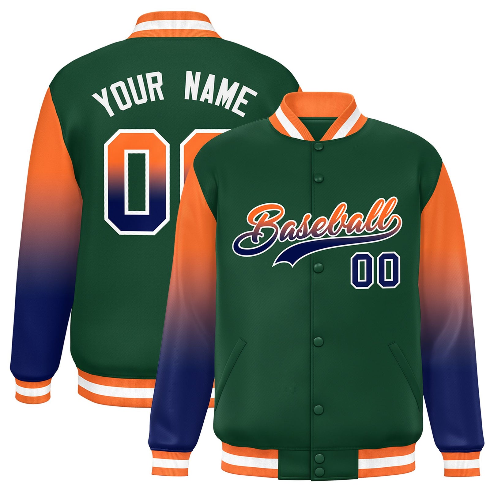 Custom Green Orange-Royal Blue Varsity Full-Snap Sleeve Gradient Fashion Letterman Baseball Jacket