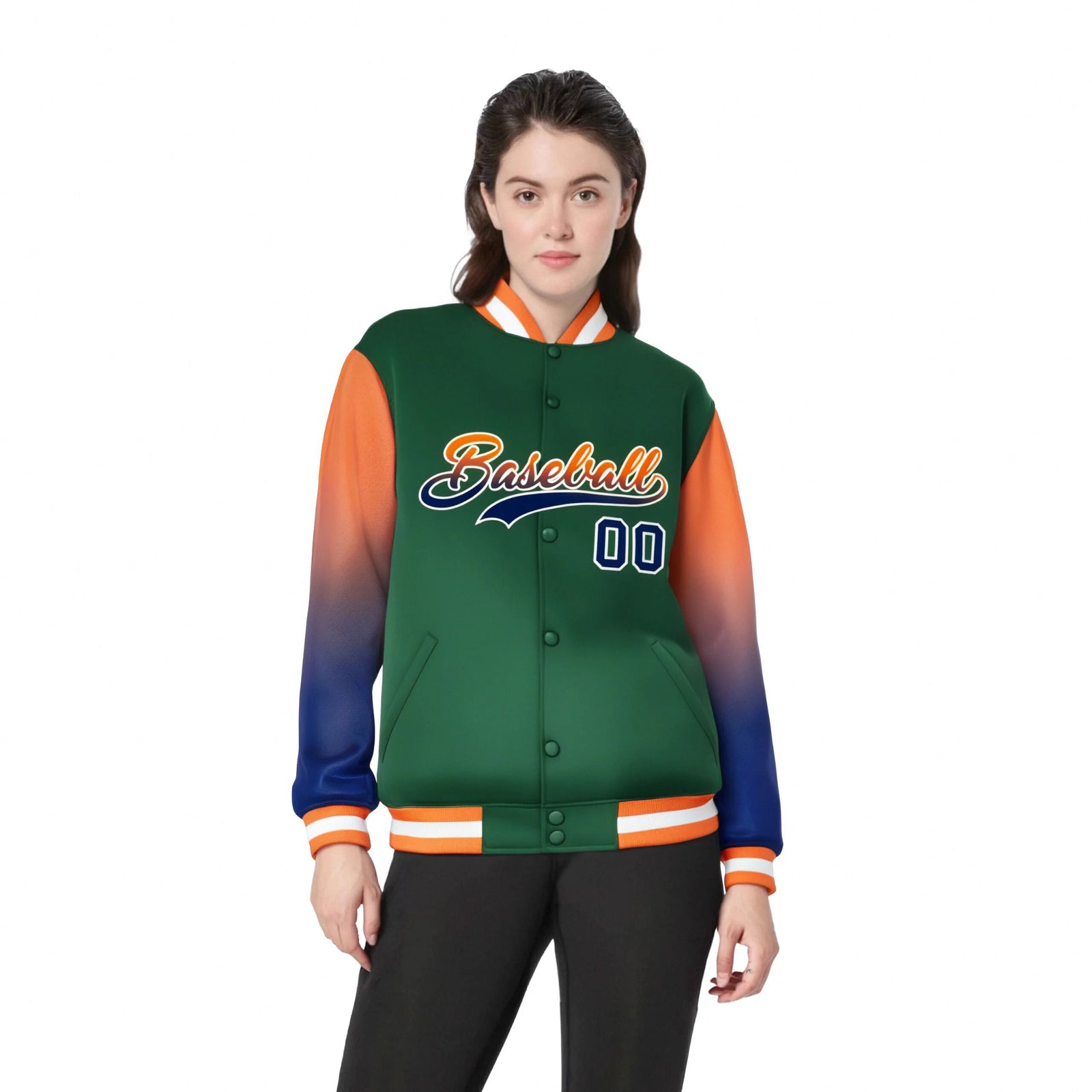 Custom Green Orange-Royal Blue Varsity Full-Snap Sleeve Gradient Fashion Letterman Baseball Jacket