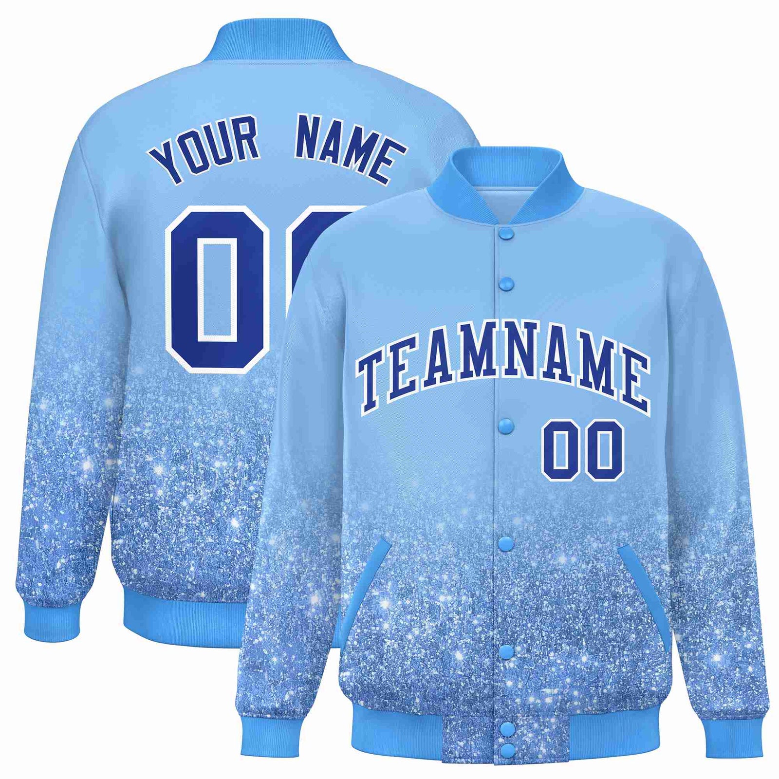 Custom Powder Blue Varsity Full-Snap Sequins Pattern Letterman Baseball Jacket
