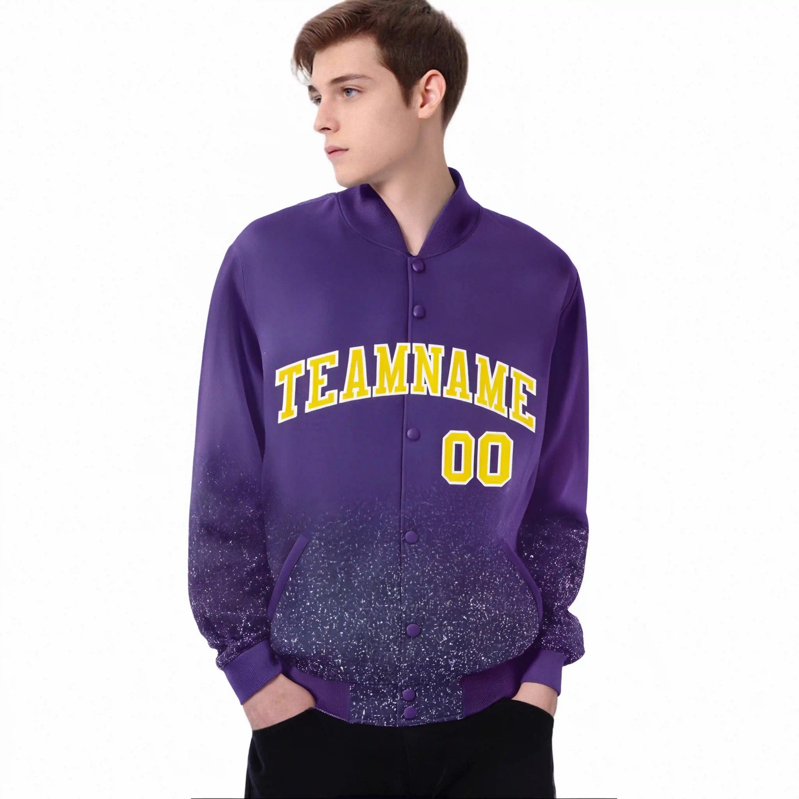 Custom Purple Varsity Full-Snap Sequins Pattern Letterman Baseball Jacket