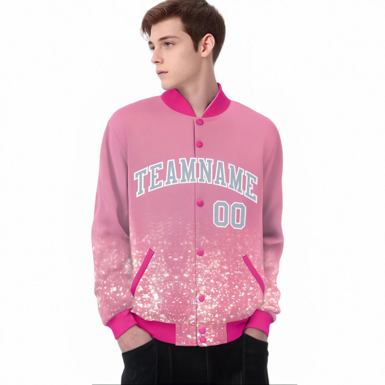 Custom Light Pink Varsity Full-Snap Sequins Pattern Letterman Baseball Jacket