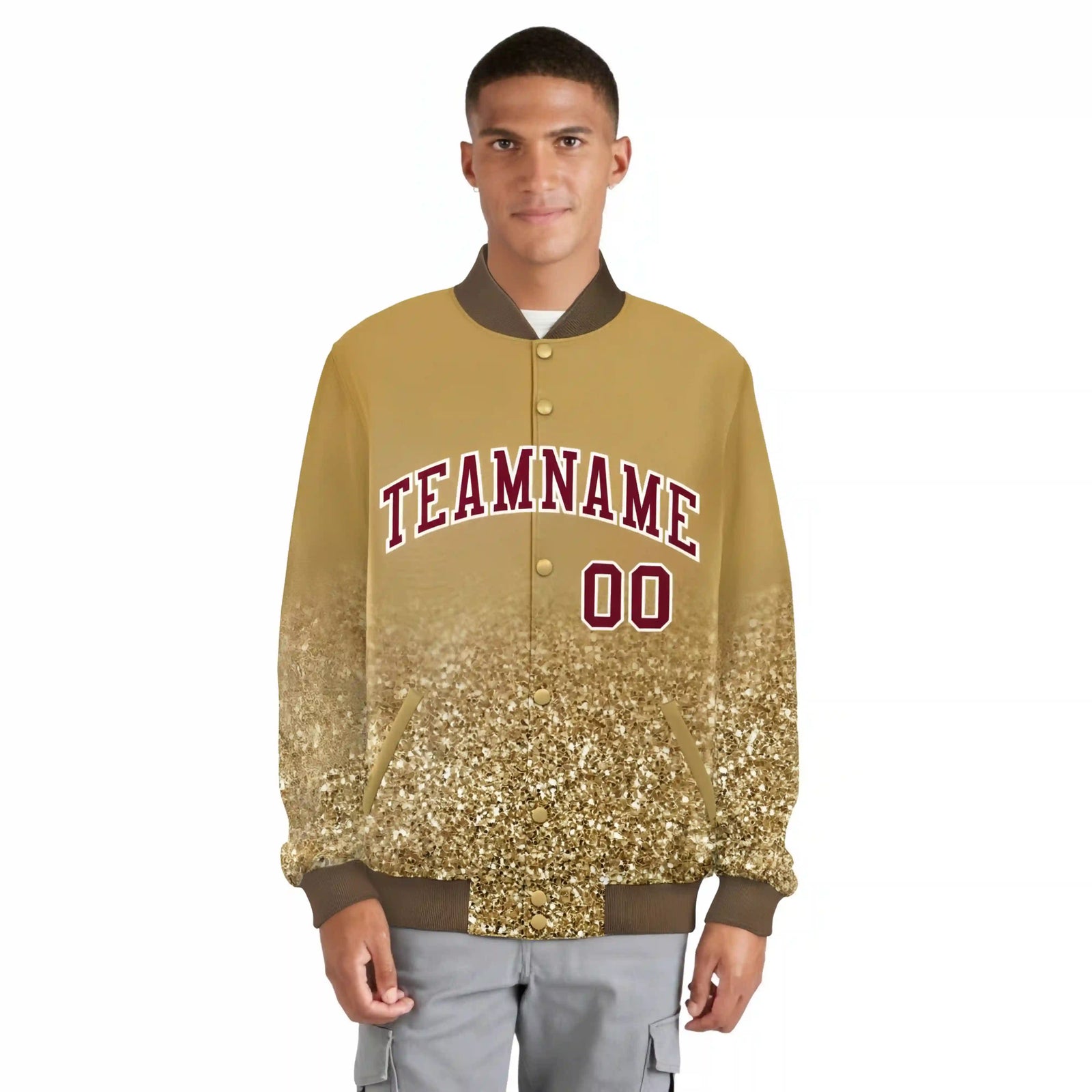 Custom Old-Gold Varsity Full-Snap Sequins Pattern Letterman Baseball Jacket