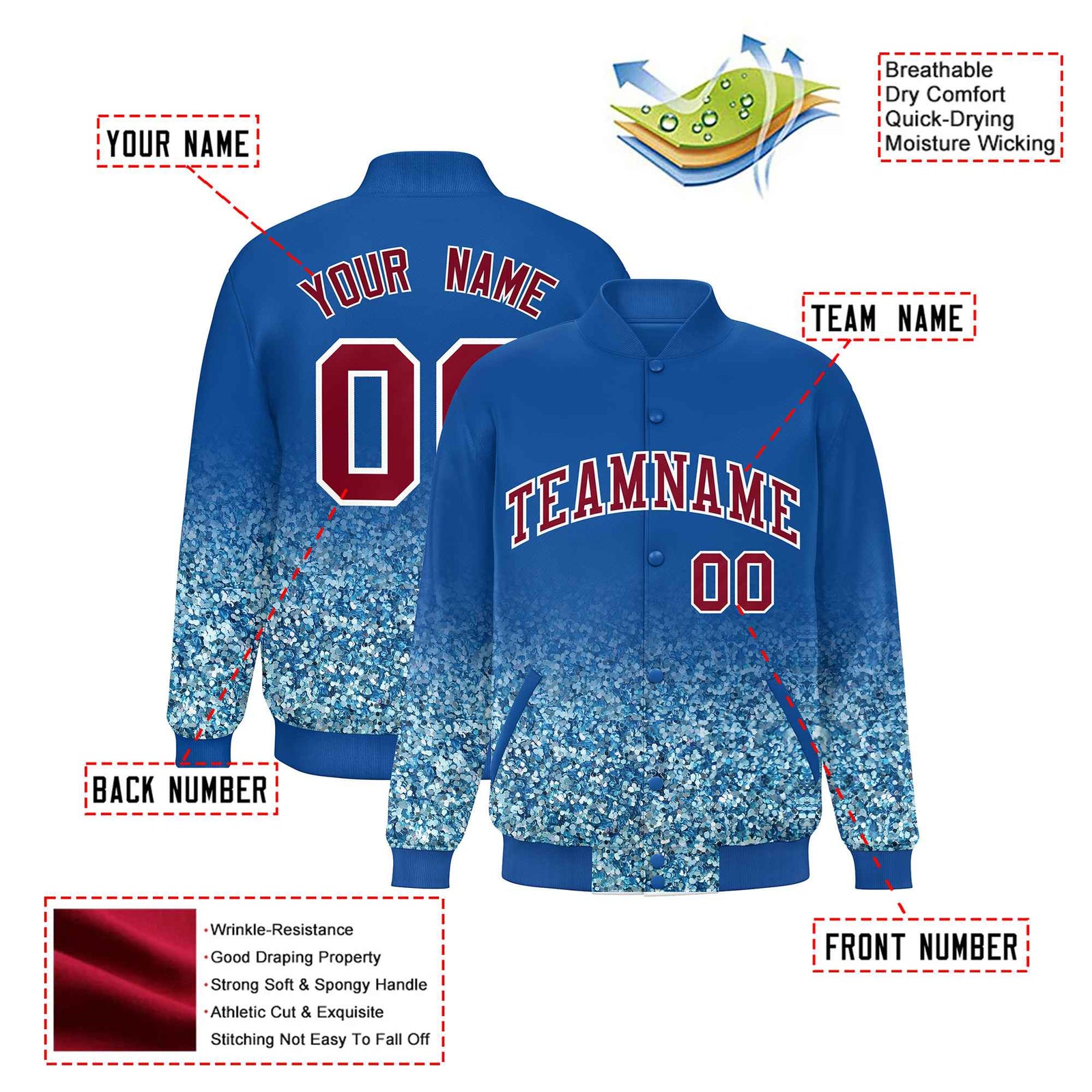 Custom Royal Blue Varsity Full-Snap Sequins Pattern Letterman Baseball Jacket