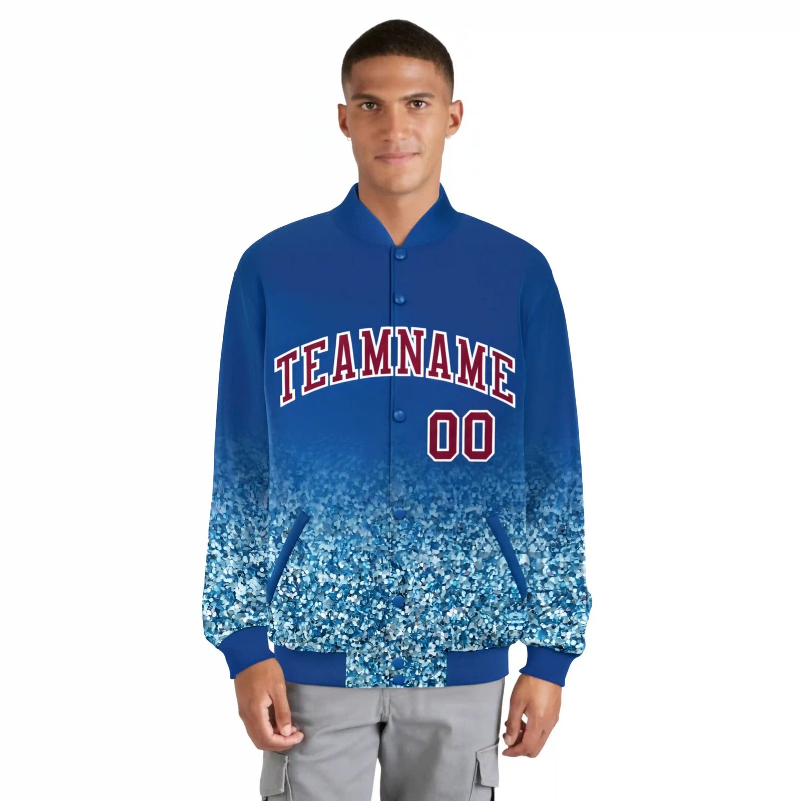 Custom Royal Blue Varsity Full-Snap Sequins Pattern Letterman Baseball Jacket