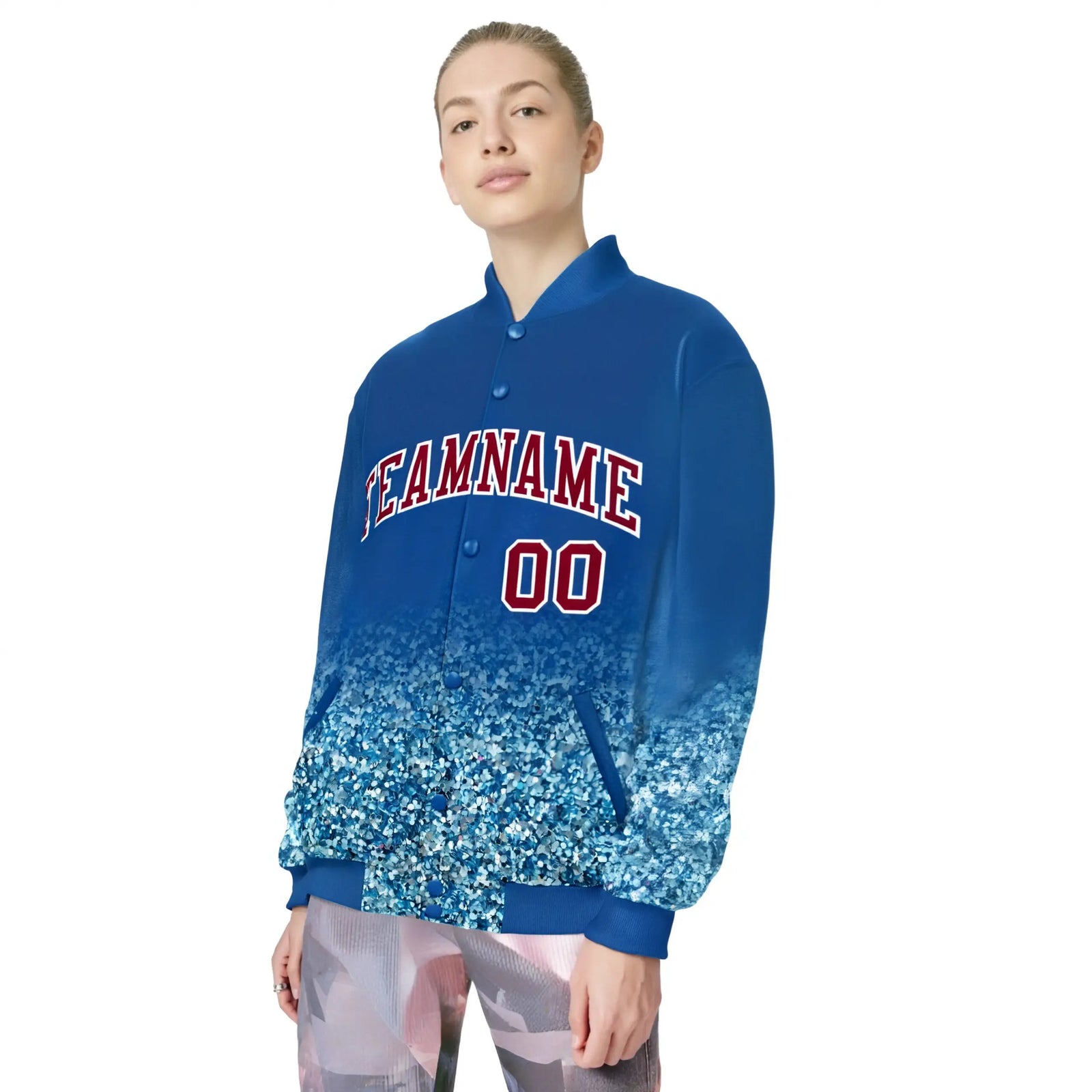 Custom Royal Blue Varsity Full-Snap Sequins Pattern Letterman Baseball Jacket