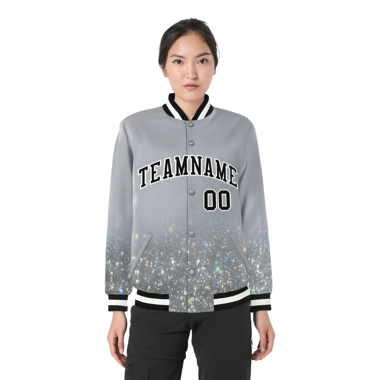 Custom Gray Varsity Full-Snap Sequins Pattern Letterman Baseball Jacket