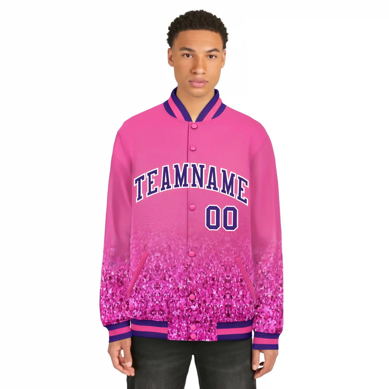 Custom Pink Varsity Full-Snap Sequins Pattern Letterman Baseball Jacket