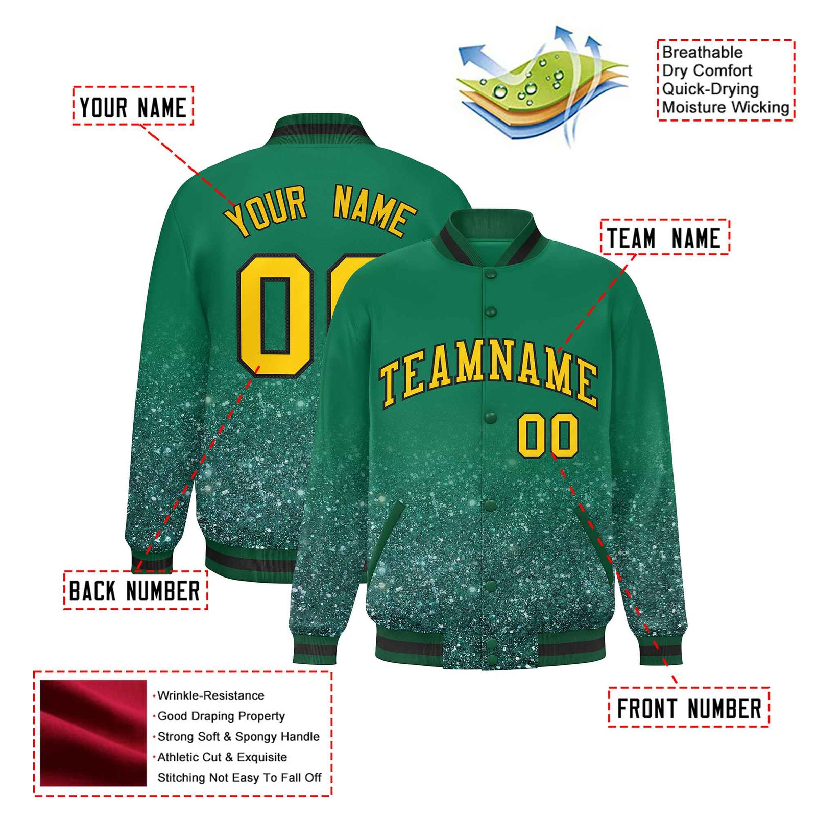 Custom Kelly Green Varsity Full-Snap Sequins Pattern Letterman Baseball Jacket