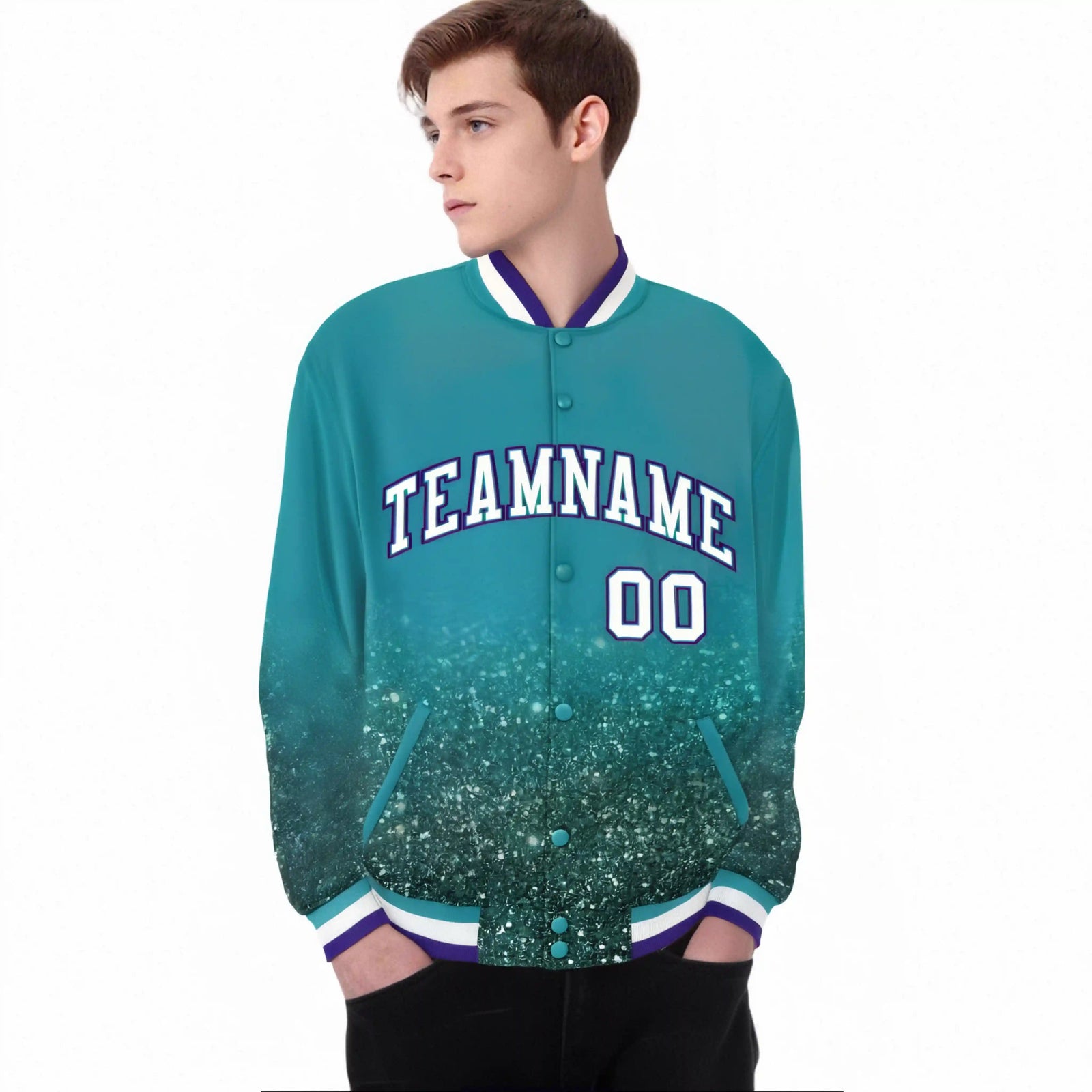 Custom Aqua Varsity Full-Snap Sequins Pattern Letterman Baseball Jacket