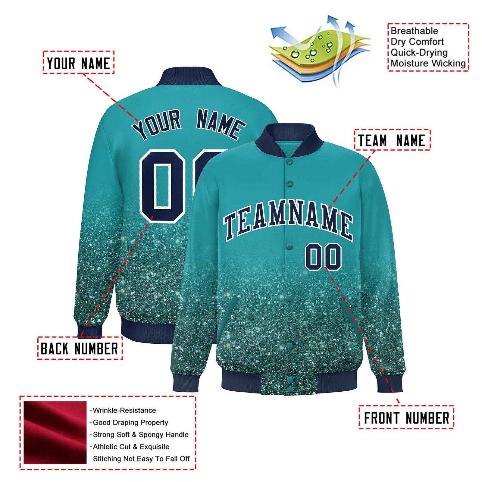Custom Aqua Varsity Full-Snap Sequins Pattern Letterman Baseball Jacket