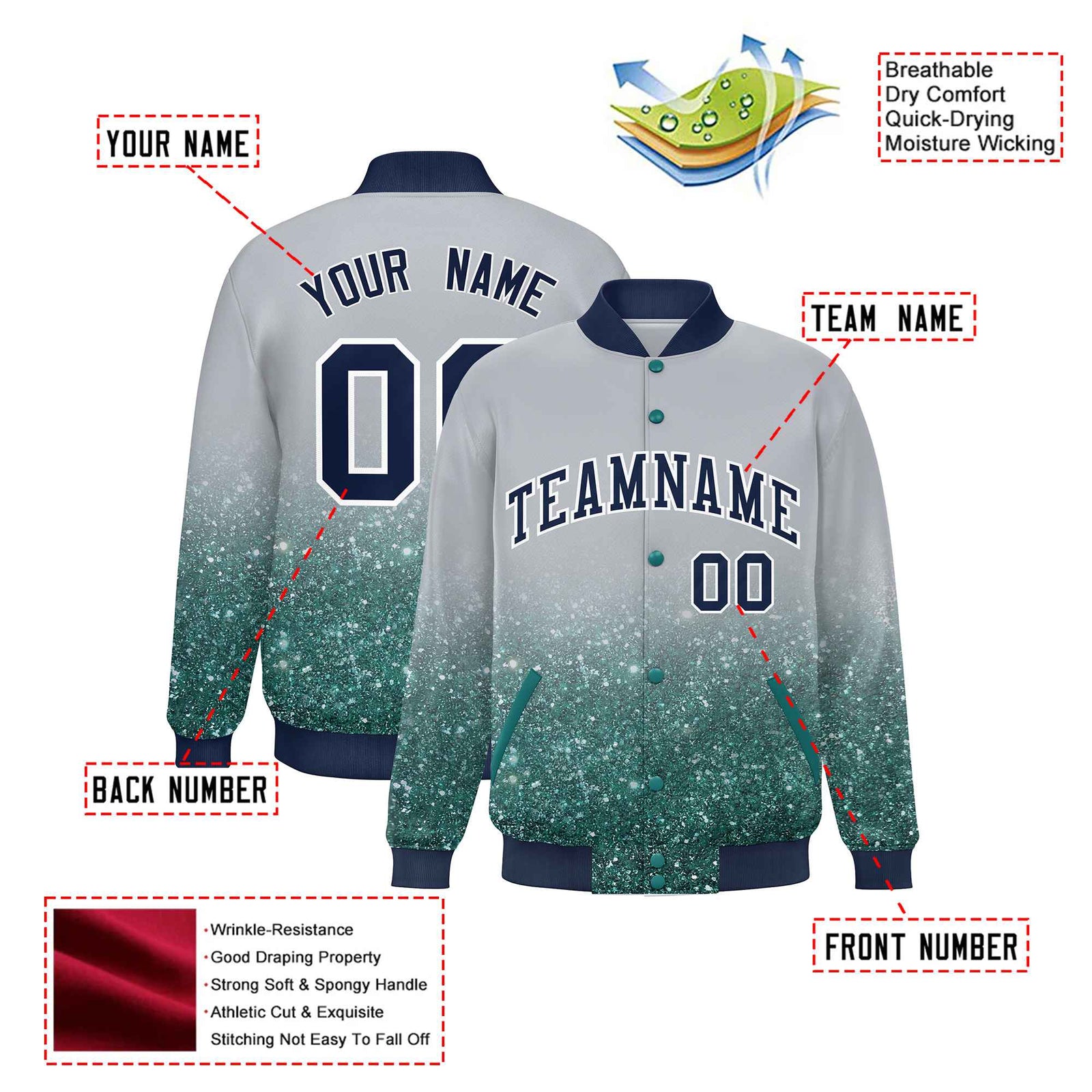 Custom Gray Varsity Full-Snap Sequins Pattern Letterman Baseball Jacket